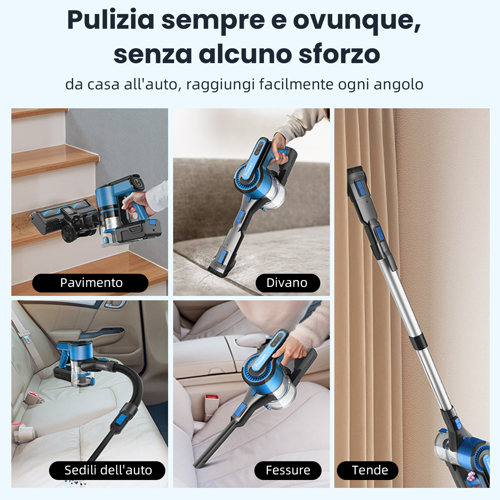 Un aspirapolvere blu senza fili pulisce varie superfici come scale, divani, auto e tende.