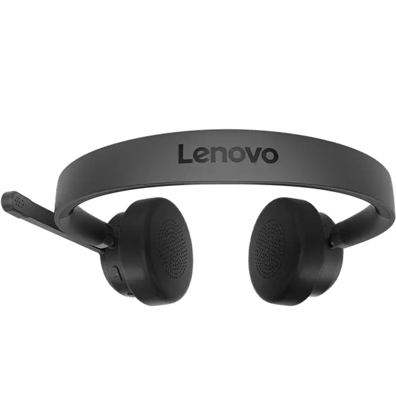 Zwarte Lenovo koptelefoon met microfoon en geperforeerde oorschelpen.