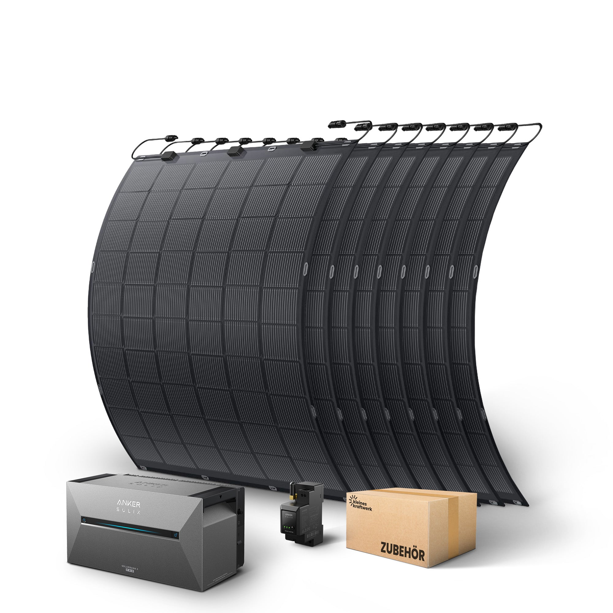 Schwarze Solarmodule, Anker Solix Powerbank, Smart Meter und Zubehörkarton.