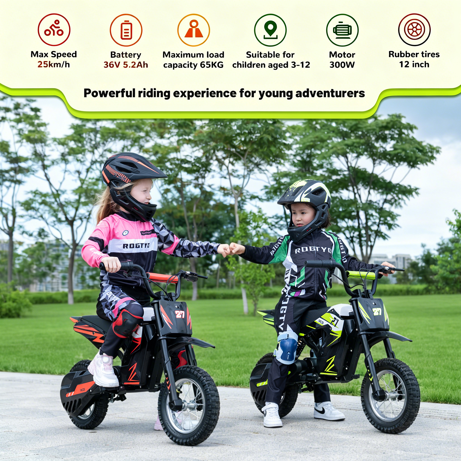 Dos niños con equipo de equitación chocan puños sobre motos de cross. Máx. velocidad 25 km/h.