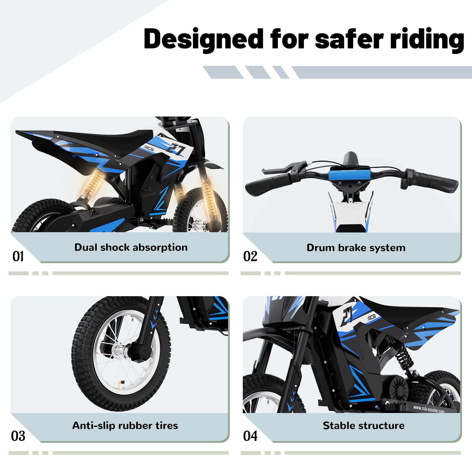 Ein schwarzer Motorrad-Rahmen mit blauen Akzenten, Stoßdämpfern und Reifen.