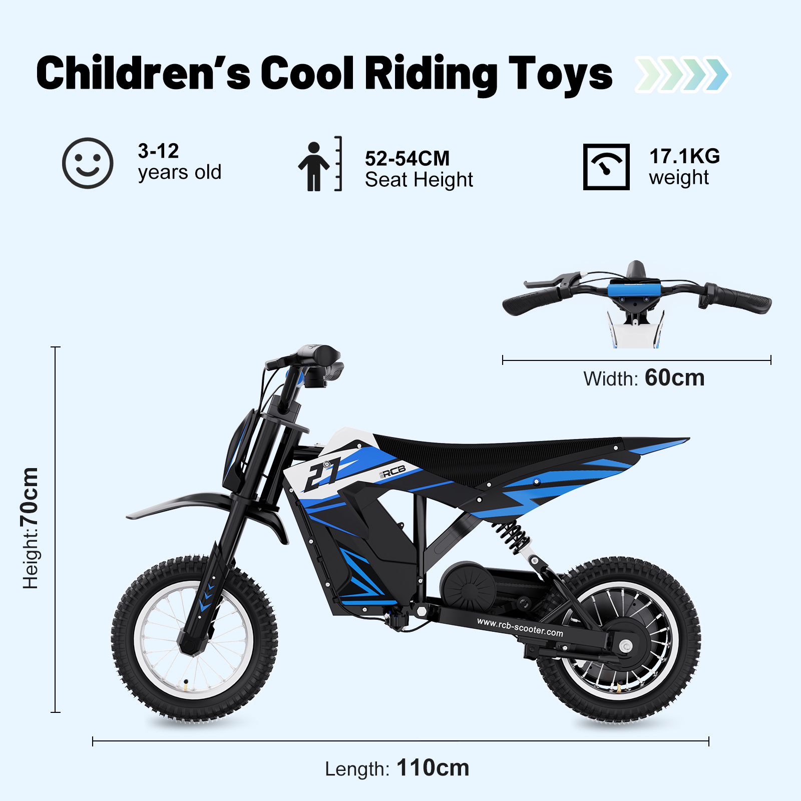 Ein blau-schwarzes Kinder-Dirtbike mit den Maßen 70cm Höhe, 110cm Länge und 60cm Breite.