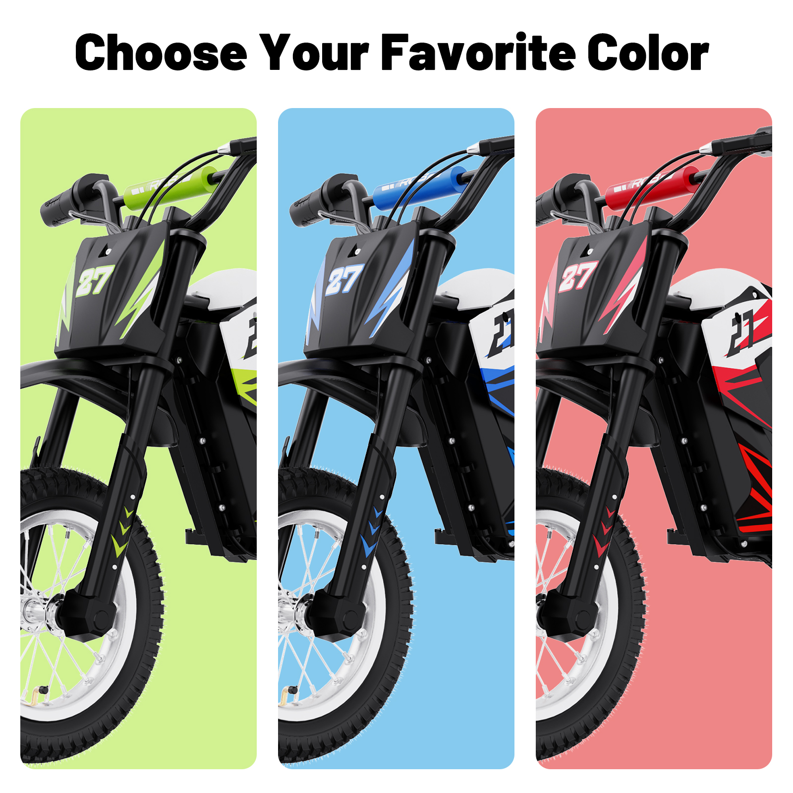 Tres motos de cross en verde, azul y rojo una al lado de la otra. Cada una tiene el número 27.