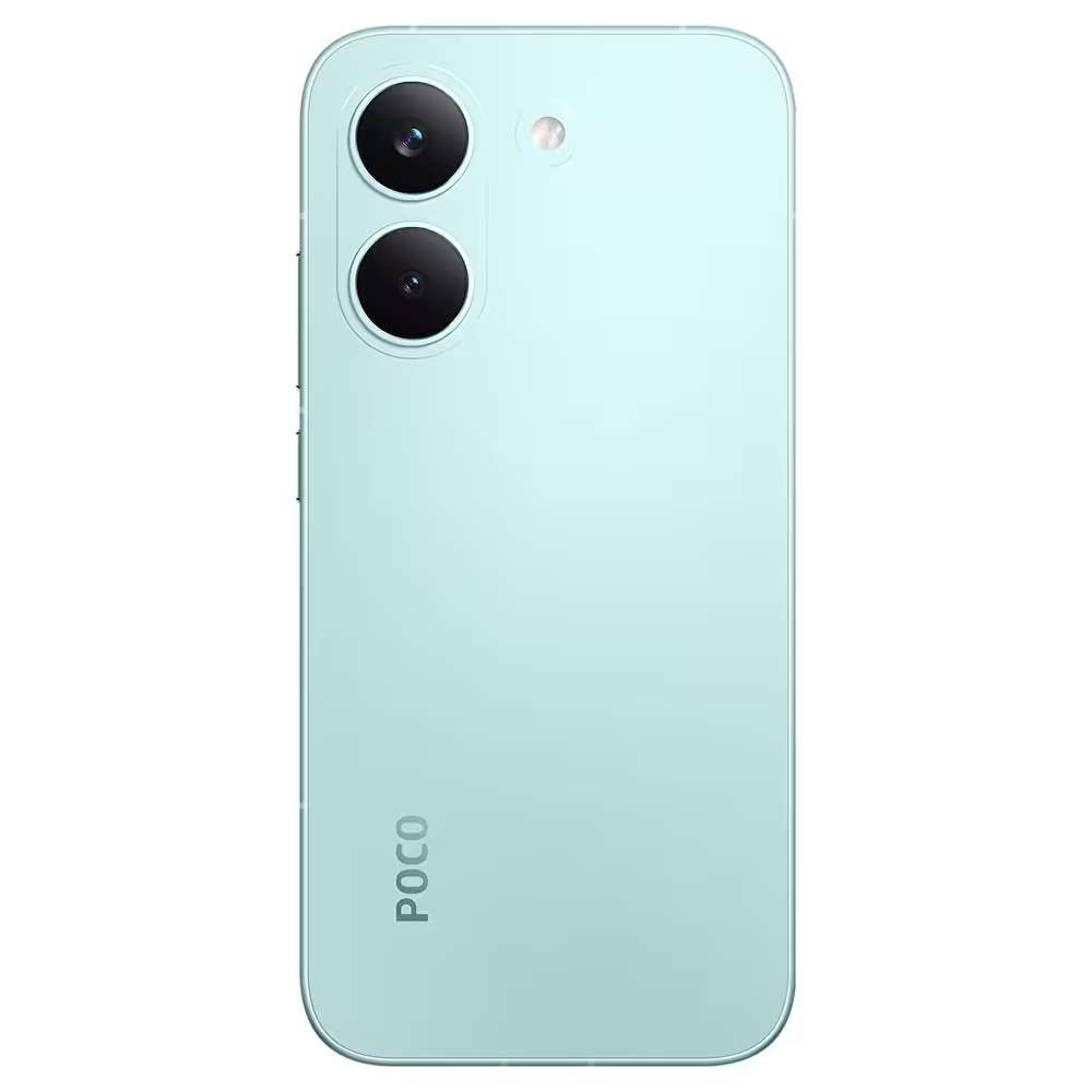 Arkada sol üstte iki kamera lensi bulunan açık yeşil bir akıllı telefon.