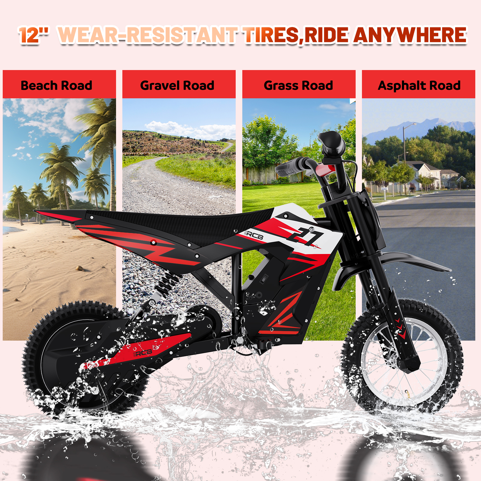 Ein schwarzes und rotes Dirtbike auf verschiedenen Untergründen: Strand, Schotter, Gras und Asphalt.