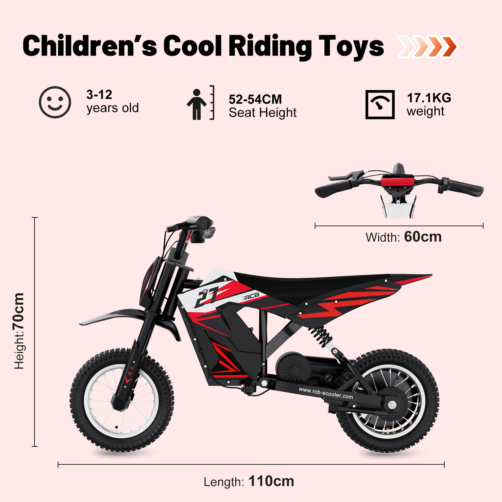 Ein rot-schwarzer Kinder-Dirtbike-Scooter mit Höhen- und Längenangaben.