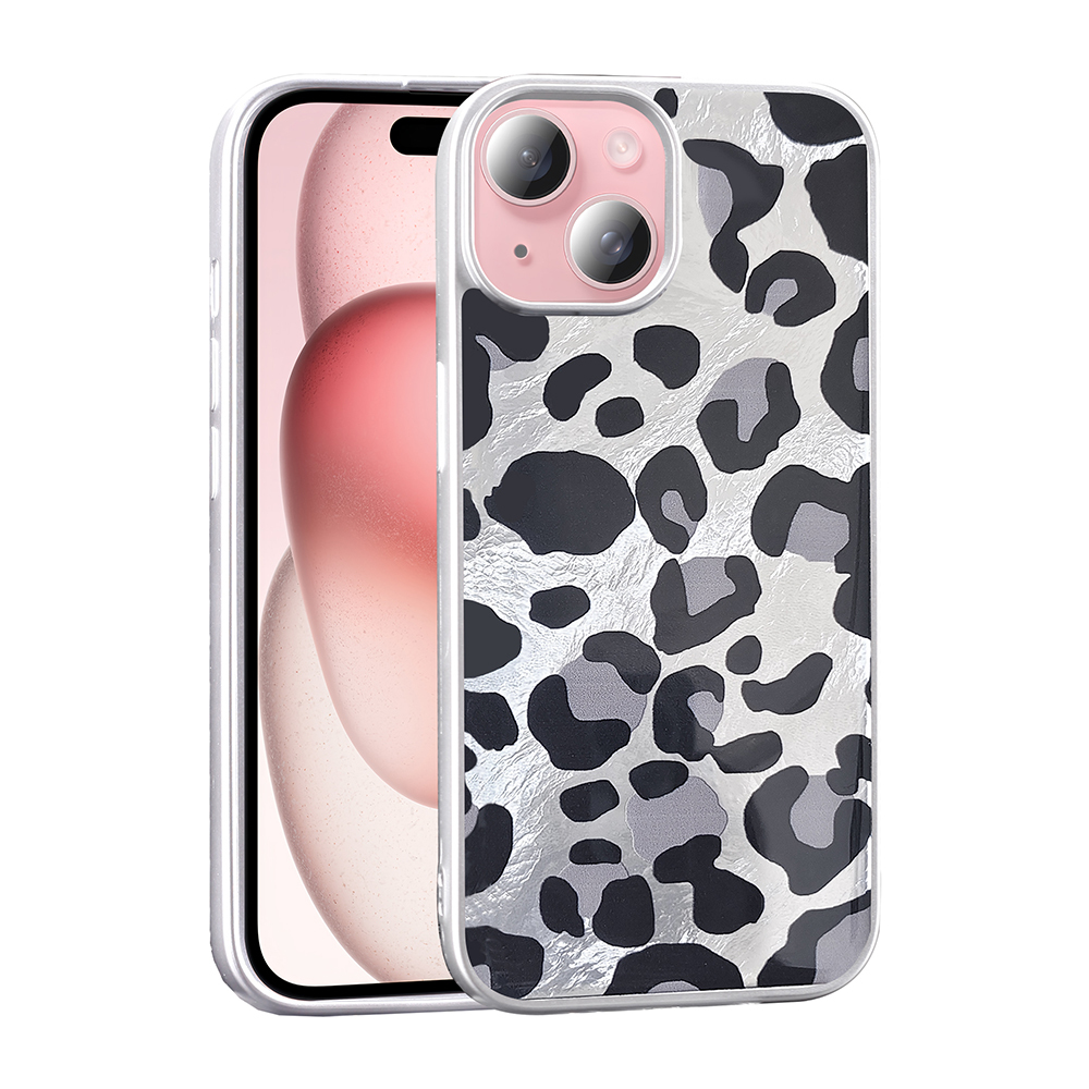 Gümüş, siyah ve gri leopar desenli kılıflı bir iPhone.