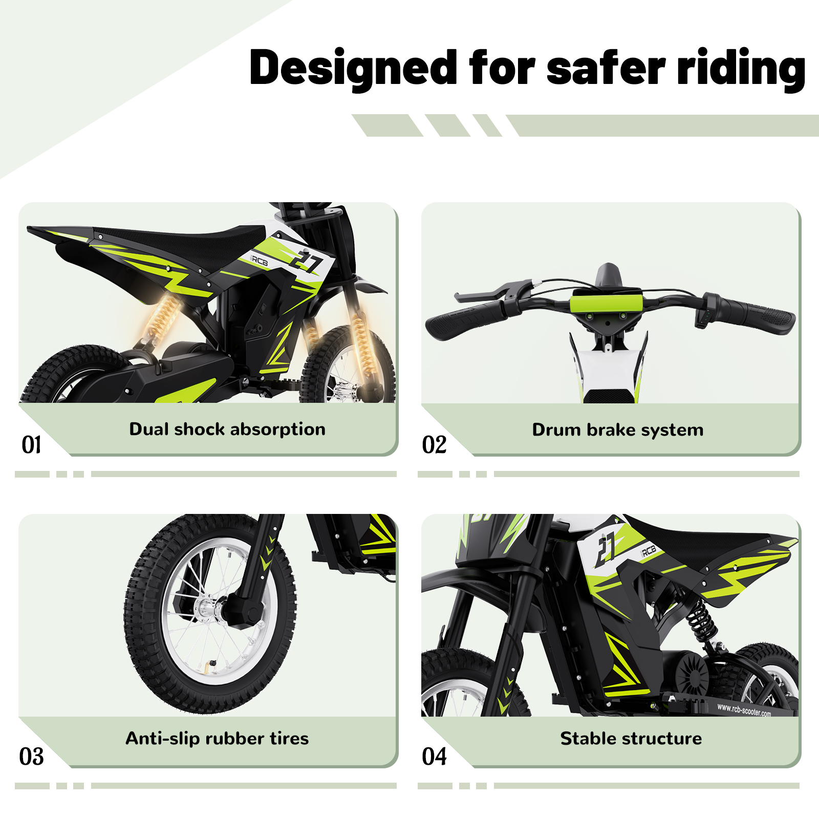 Vier Bilder zeigen ein schwarzes und grünes Elektro-Dirtbike: Doppelte Stoßdämpfung, Trommelbremse, Reifen, stabile Struktur.
