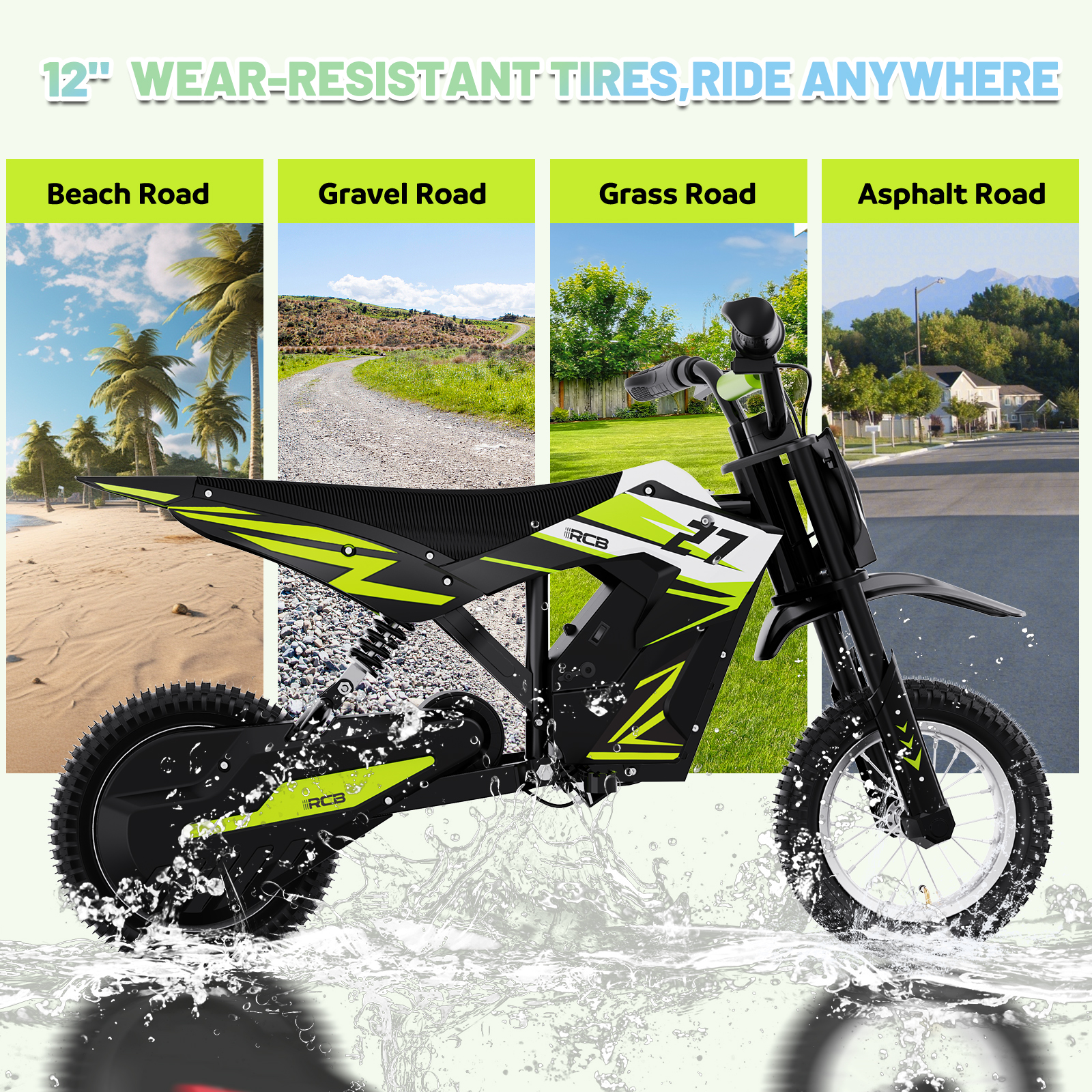 Ein schwarzes und grünes Dirtbike mit 12" Reifen, das auf verschiedenen Terrains fährt: Strand, Schotter, Gras und Asphalt.