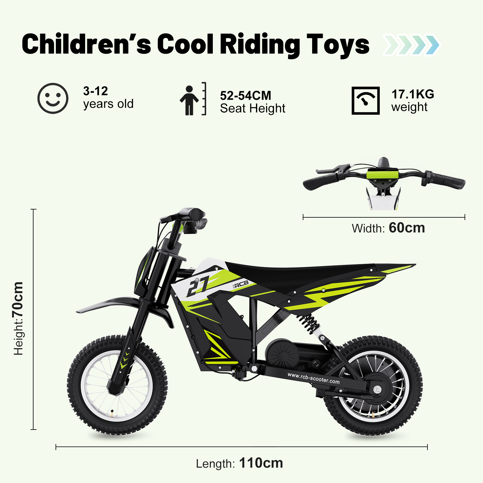 Ein elektrisches Spielzeugmotorrad in Schwarz und Grün, 70cm hoch, 110cm lang.