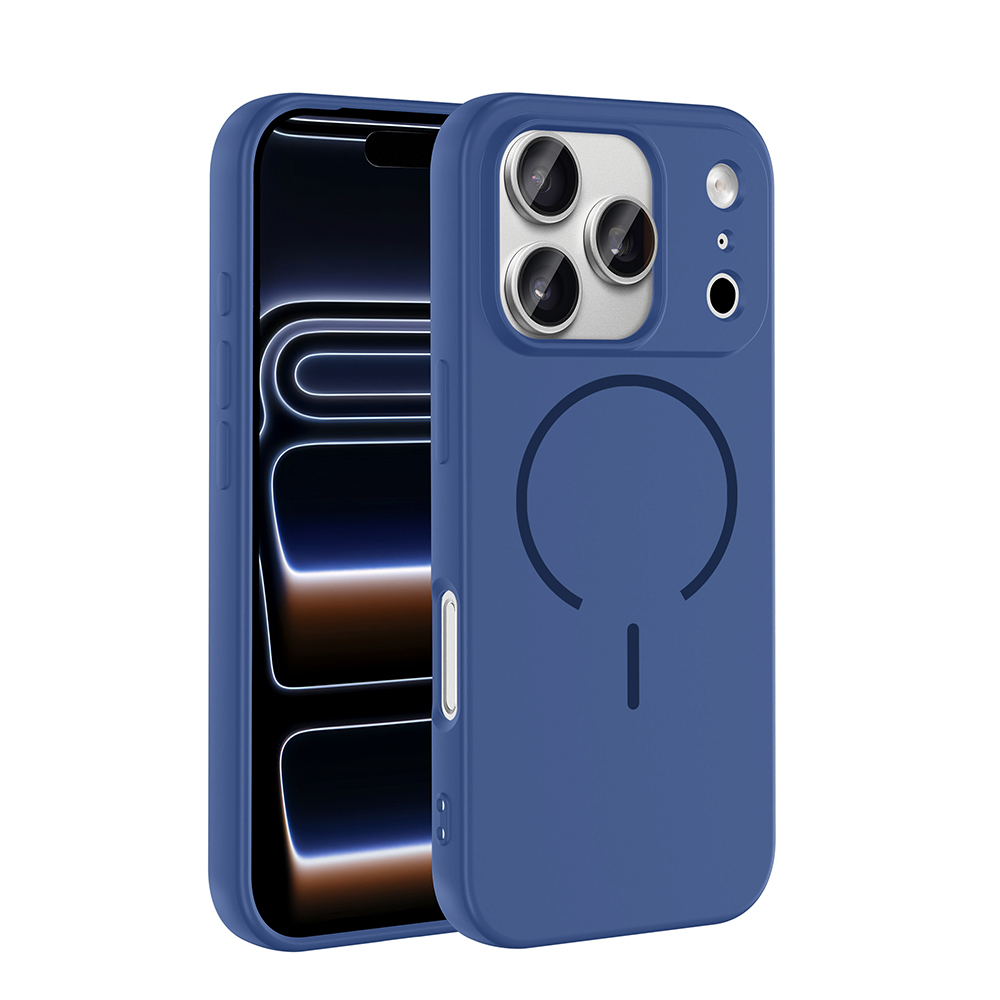 Üç kamera lensli ve dairesel bir desenli mavi telefon kılıfı.