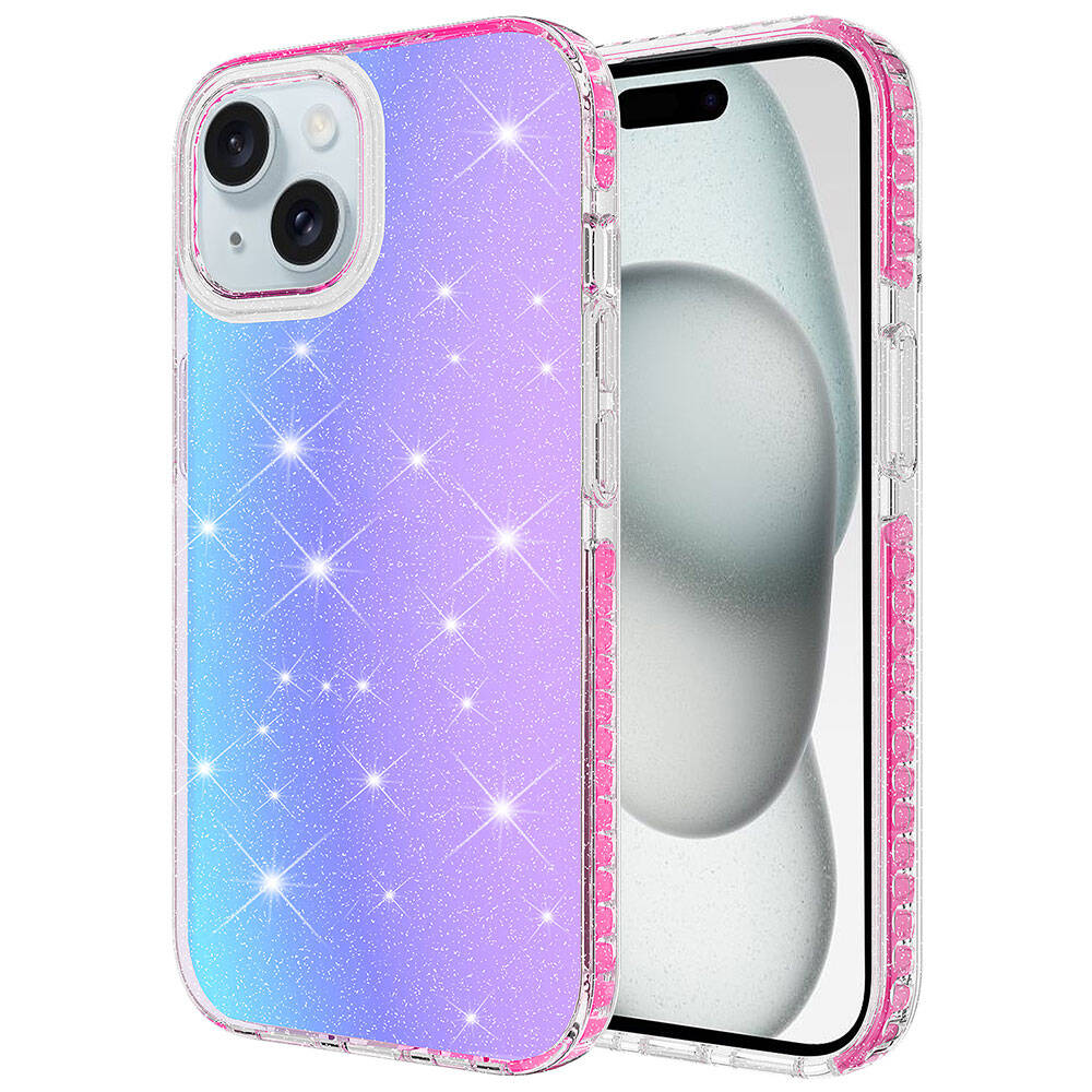 Pembe kenarlı, mavi-mor gradyanlı simli telefon kılıfı.