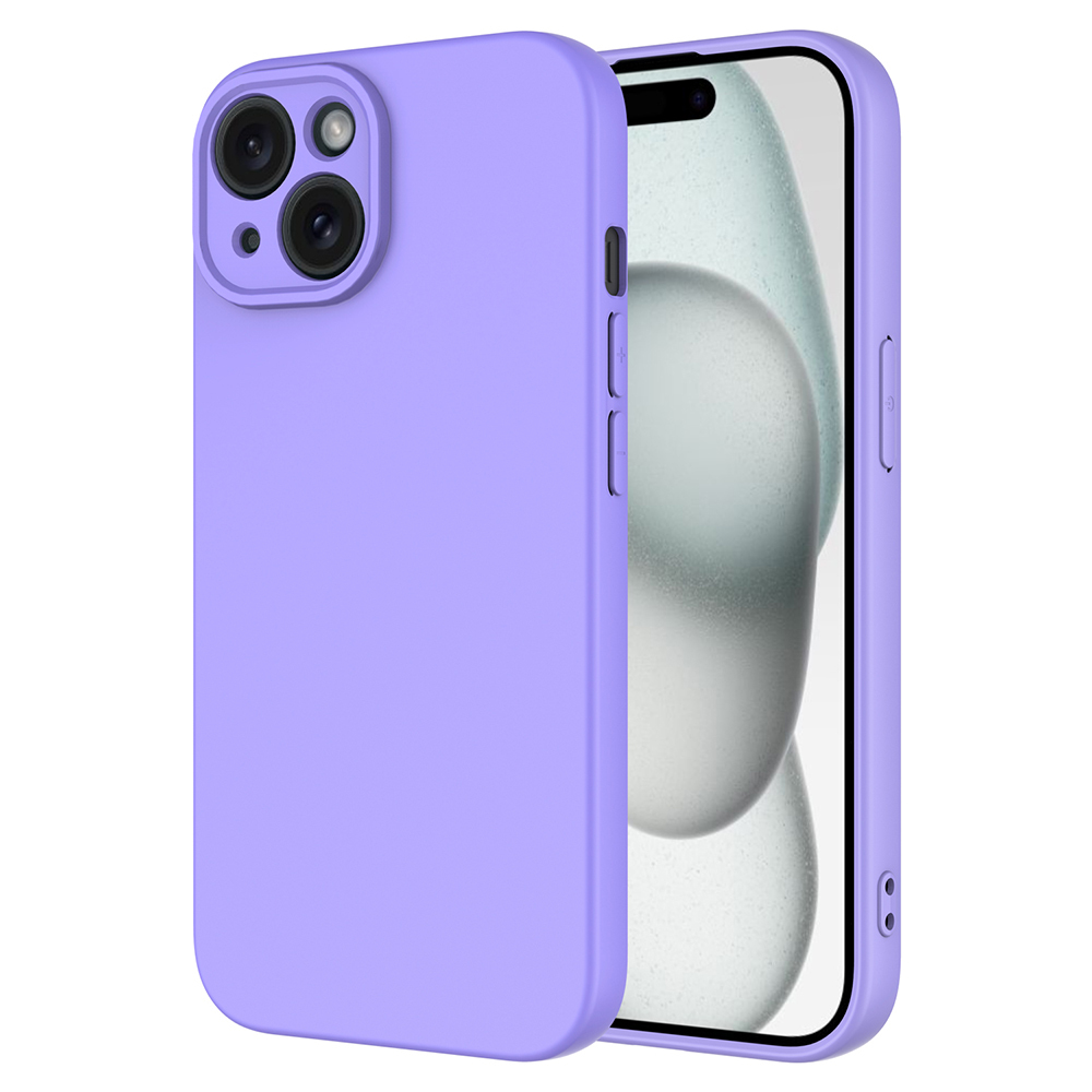Soyut arka planlı bir iPhone'un yanında mor bir iPhone kılıfı duruyor.