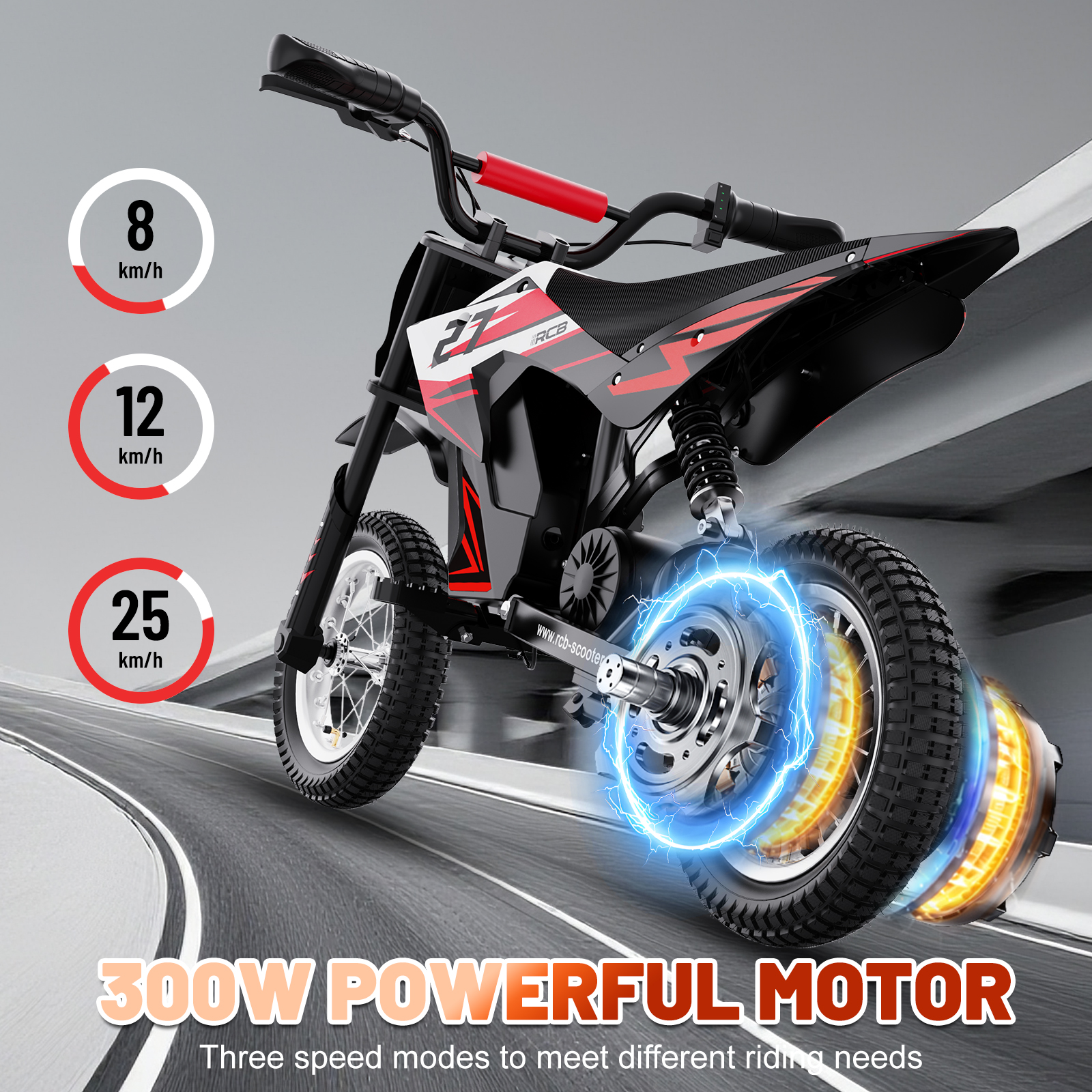 Ein rotes und schwarzes E-Motorrad mit leuchtendem Motor, zeigt 3 Geschwindigkeiten.