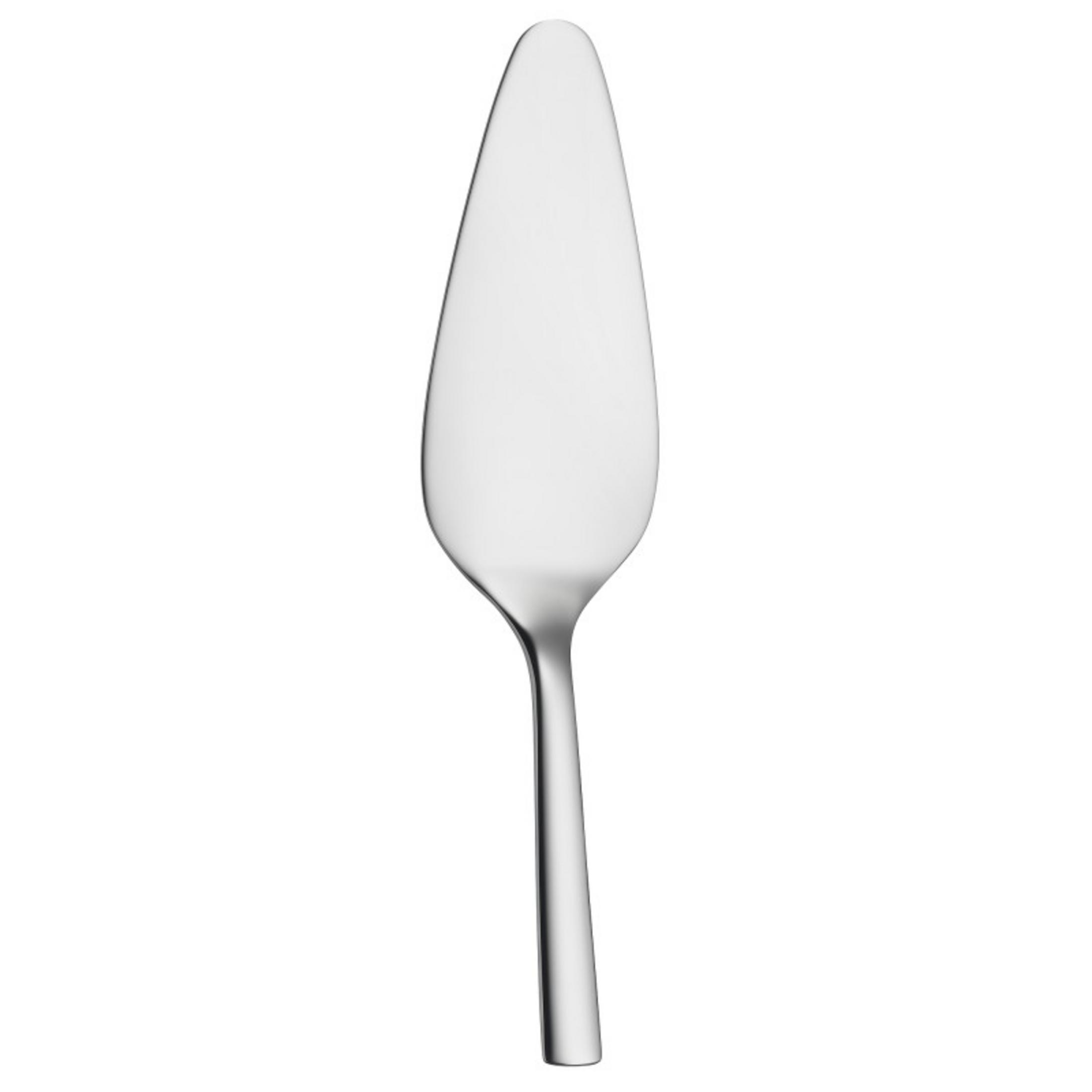 Gümüş renkli, sivri uçlu ve ince saplı pasta sunma aparatı.