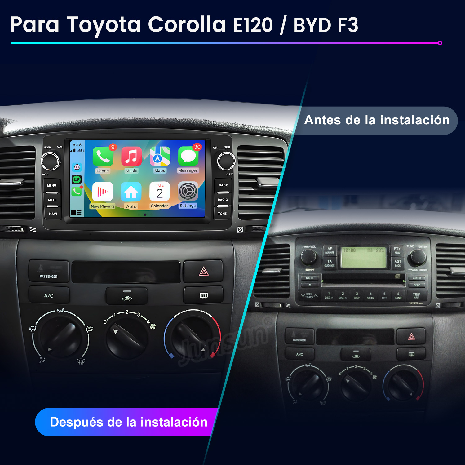 Comparación antes y después de una radio de coche Toyota Corolla E120/BYD F3.