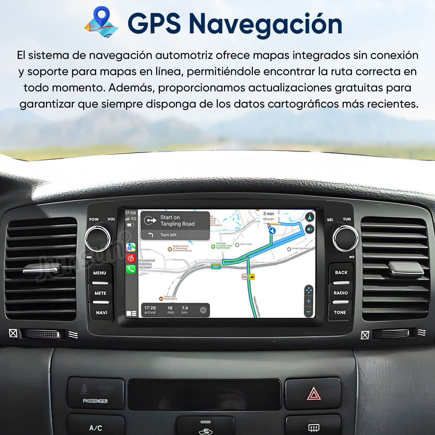 Sistema de navegación de coche mostrando un mapa en la pantalla.