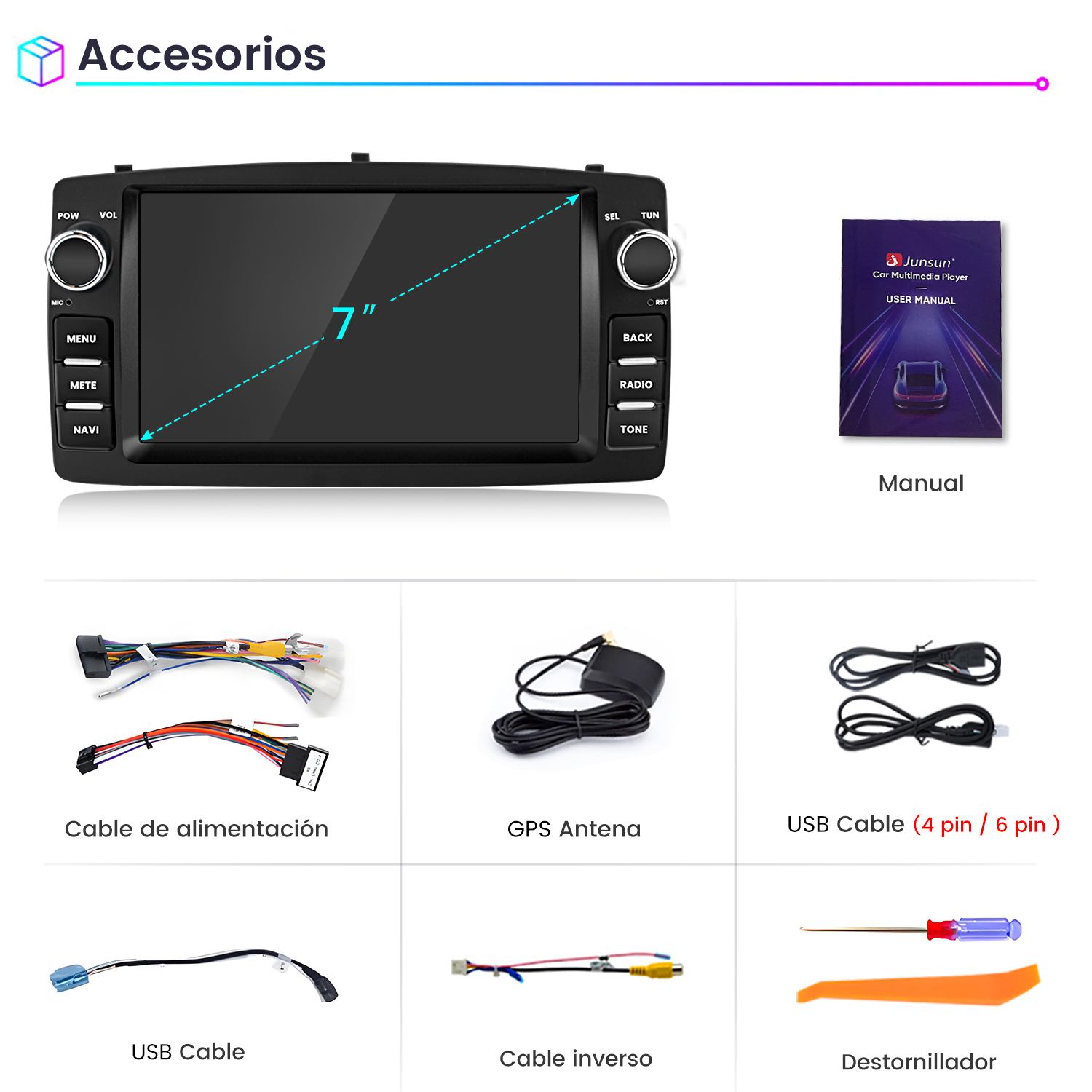 Un estéreo de coche de 7 pulgadas con accesorios: cables, antena, manual y herramientas.