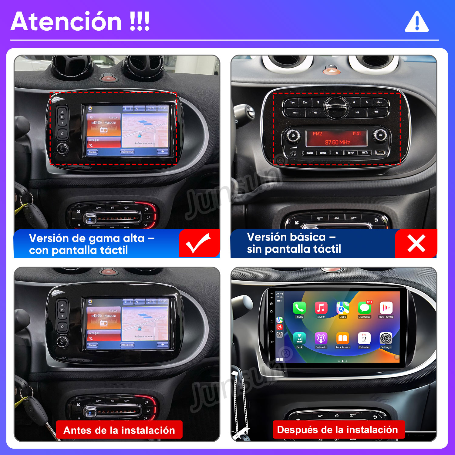 Salpicadero de coche con cuatro vistas: dos antes, dos después. Muestra opciones del sistema de infoentretenimiento.