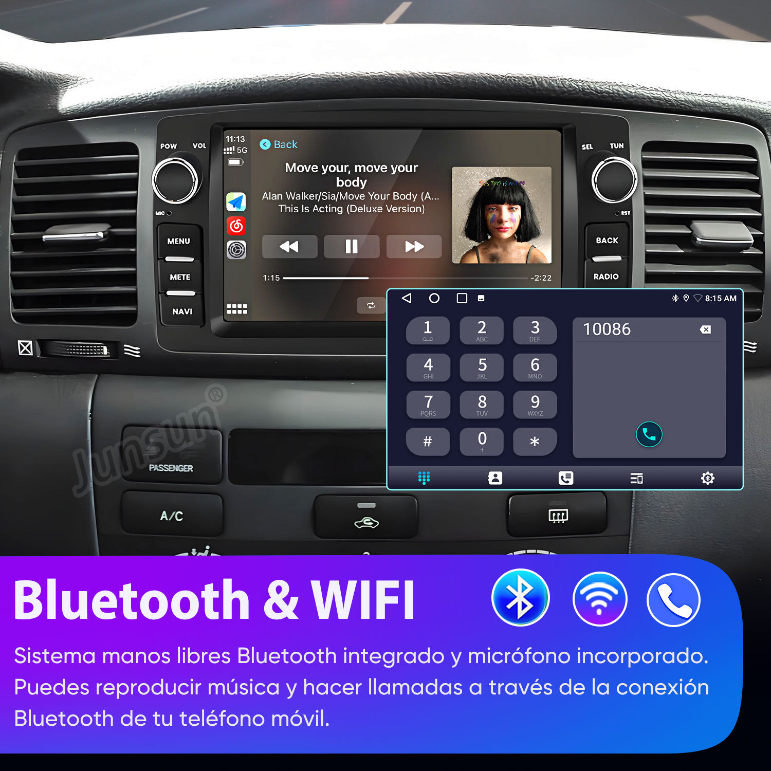 Sistema de infoentretenimiento para coche con pantalla táctil, muestra música y teclado.
