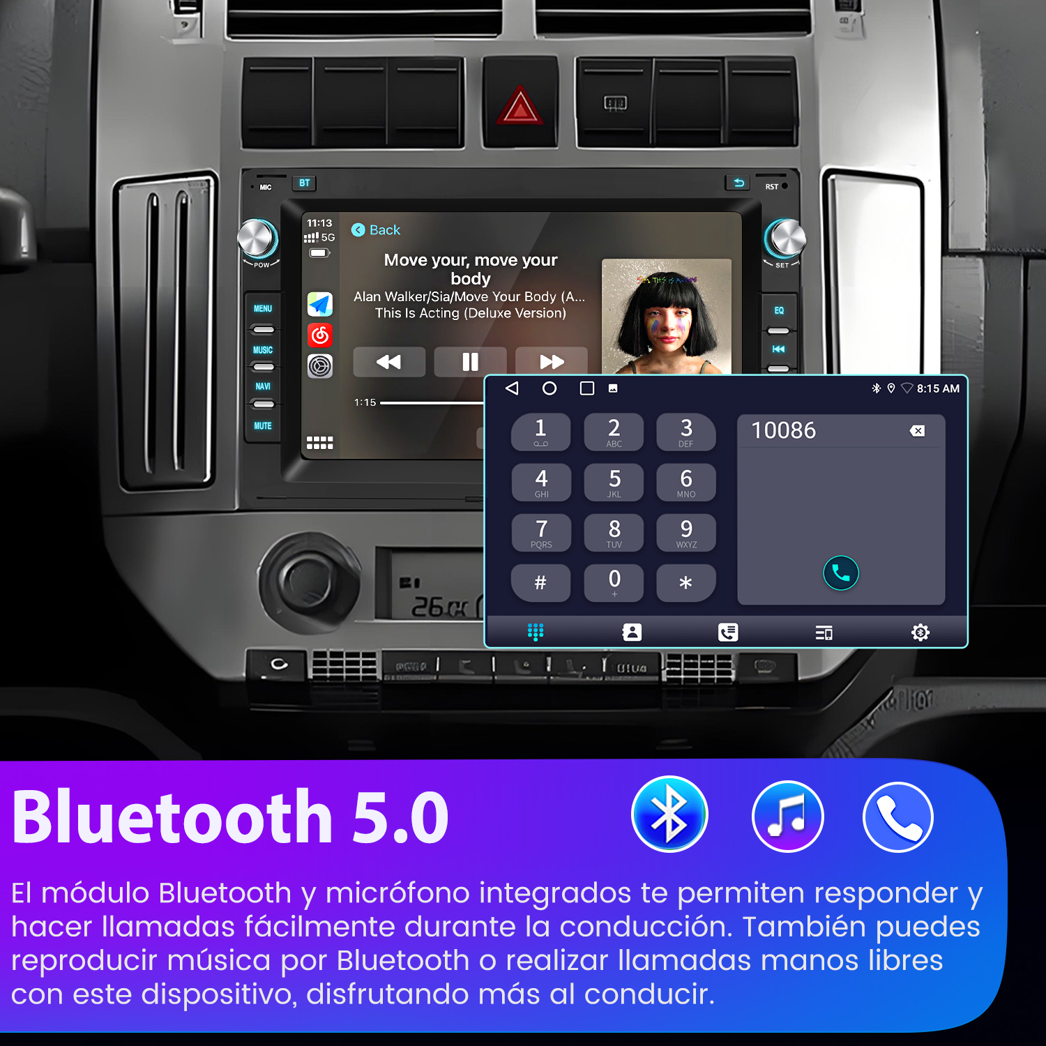 Radio de coche con pantalla táctil mostrando música y teclado numérico. Texto abajo.
