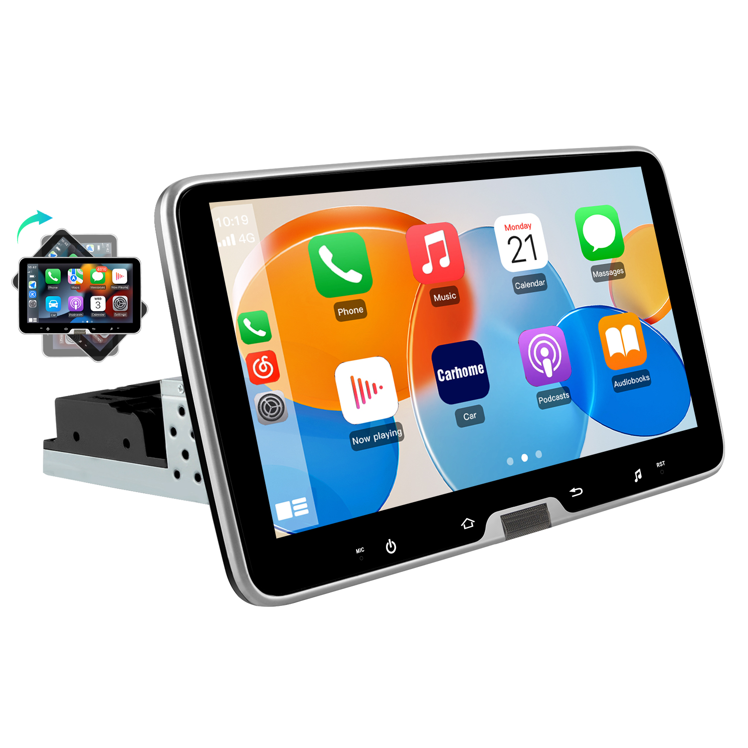 Un touchscreen per autoradio che mostra icone di app come Telefono, Musica e Calendario.