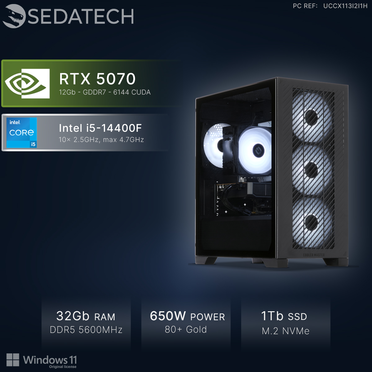 Ein PC-Gehäuse mit RTX 5070, Intel i5-14400F, 32 GB RAM, 650W Netzteil.