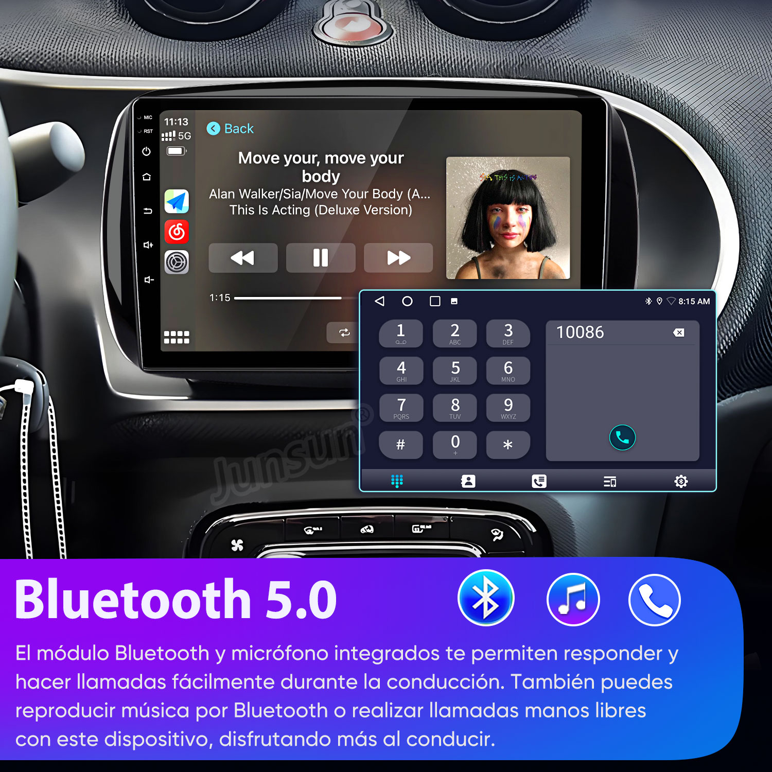 La pantalla de un coche muestra reproducción de música con título y portada.
