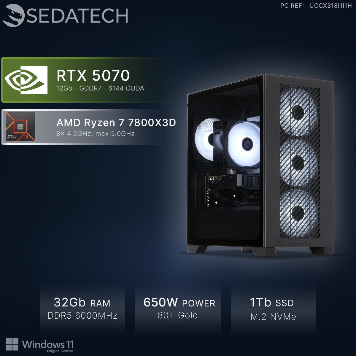 Ein Custom-PC mit RTX 5070, Ryzen 7, 32GB RAM, 650W Netzteil, 1TB SSD, Windows 11.