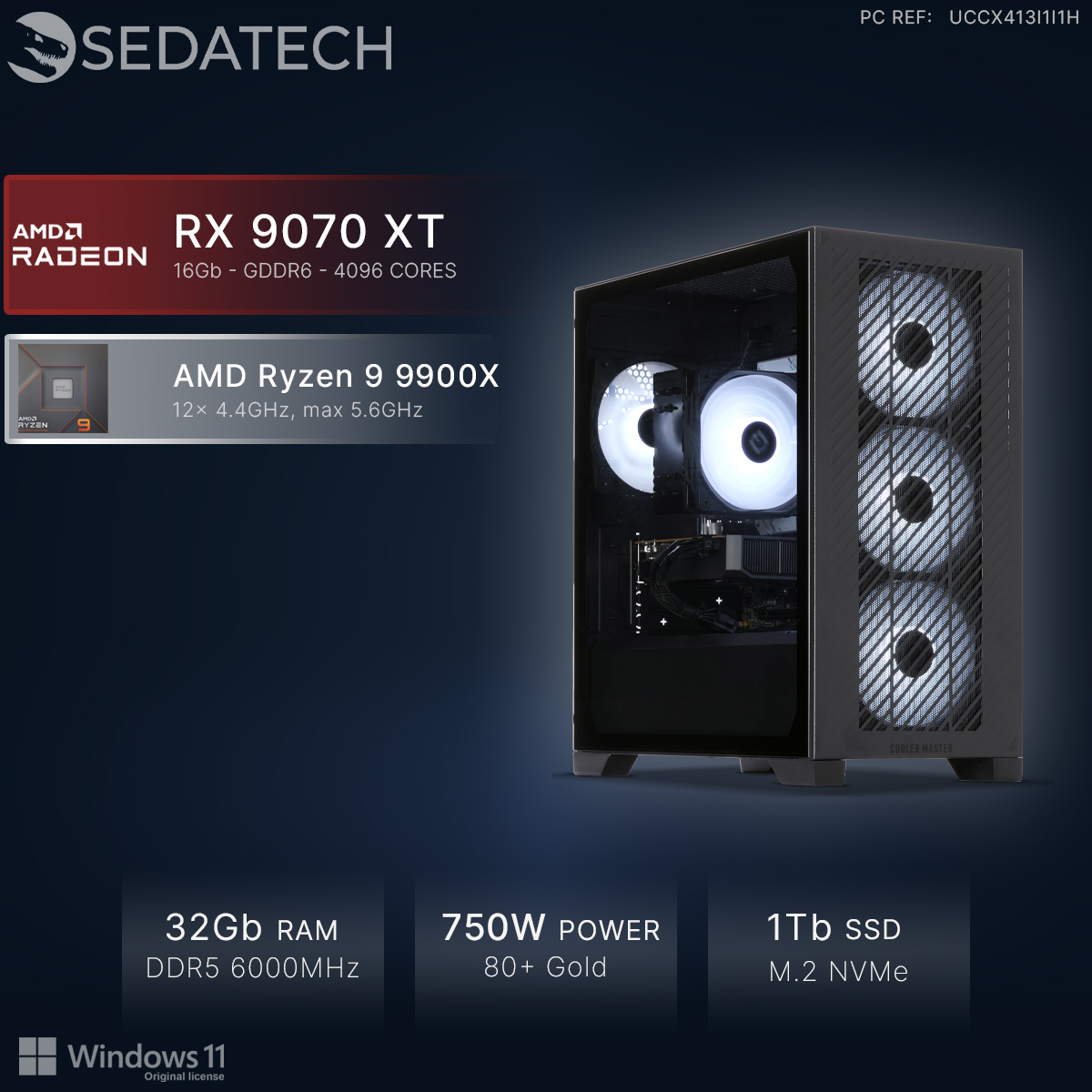 Ein moderner Gaming-PC mit AMD Ryzen 9 und RX 9070 XT GPU.