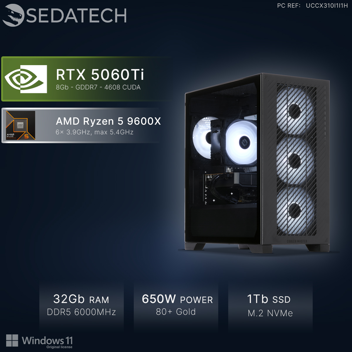 Ein Gaming-PC mit RTX 5060Ti, Ryzen 5 9600X, 32GB RAM, 650W Netzteil, 1TB SSD.