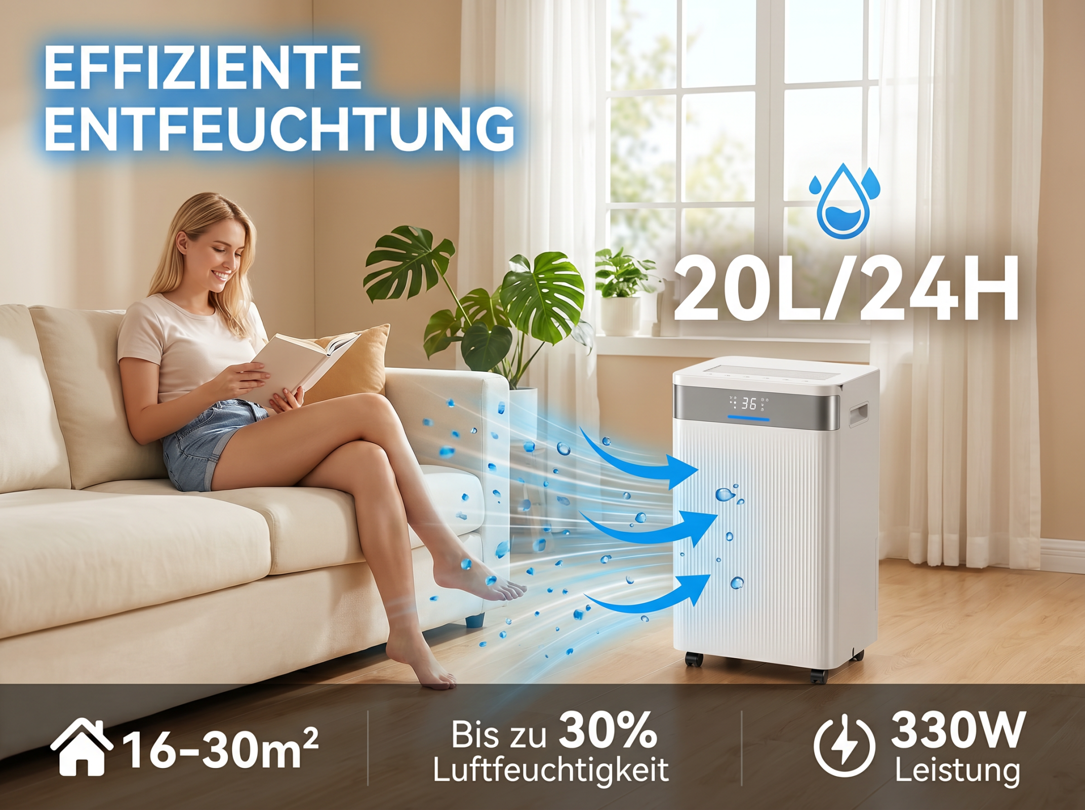 Frau liest Buch, Luftentfeuchter mit 20L/24H Kapazität, für 16-30m².