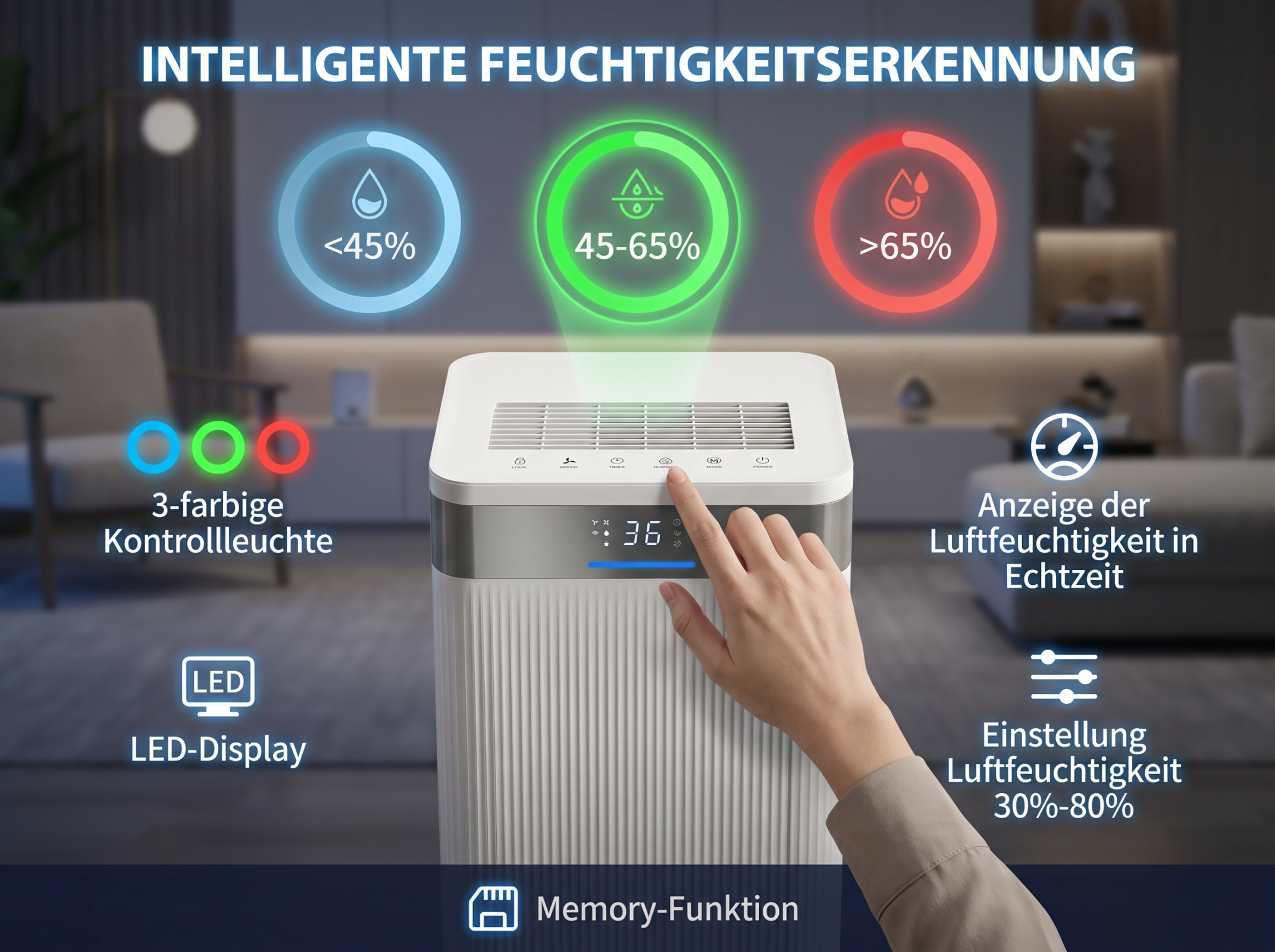 Luftentfeuchter mit Feuchtigkeitsanzeige: <lt/>45% (blau), 45-65% (grün), <gt/>65% (rot).