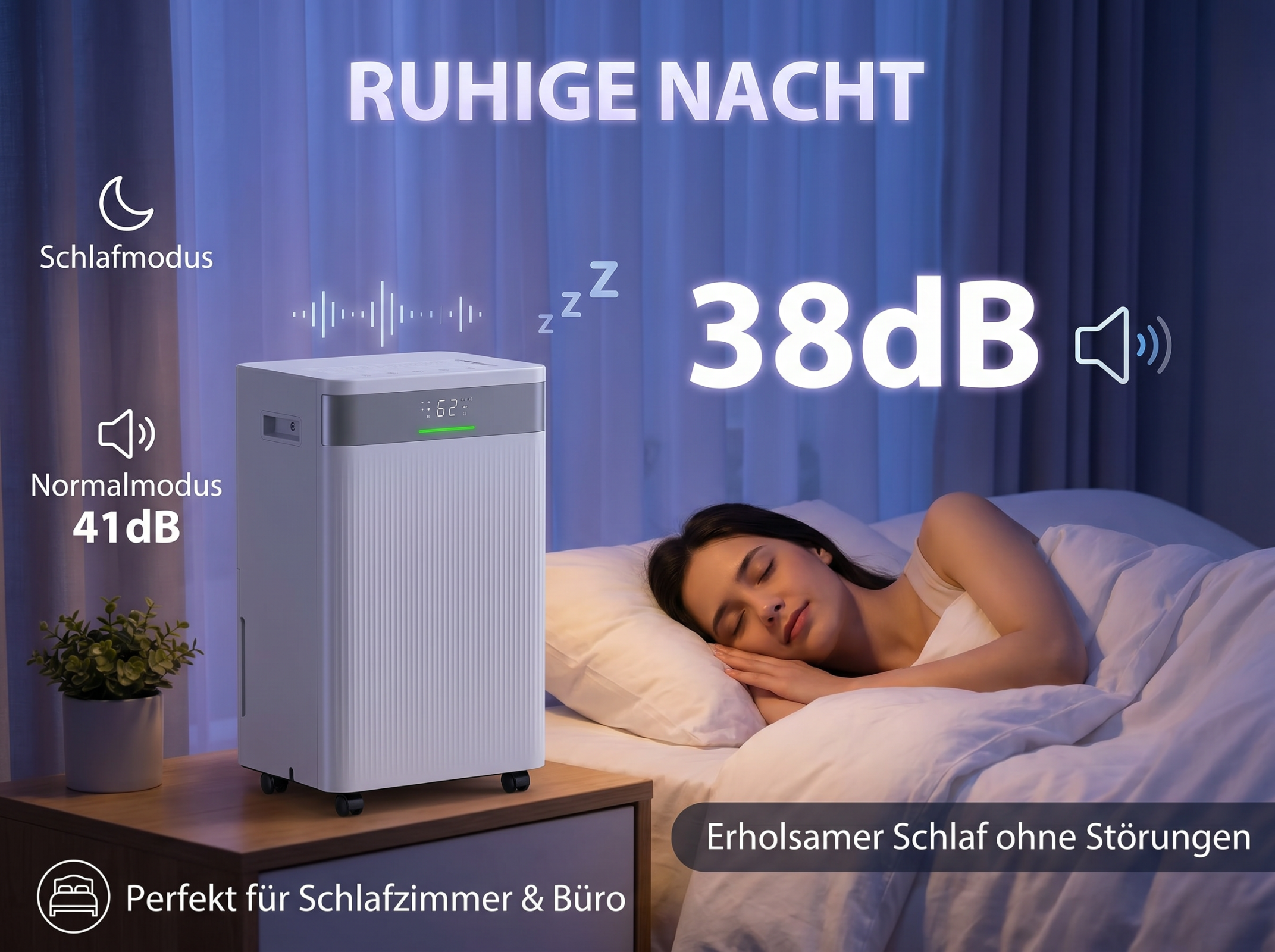 Luftreiniger mit Schlafmodus bei 38dB neben einer schlafenden Frau.