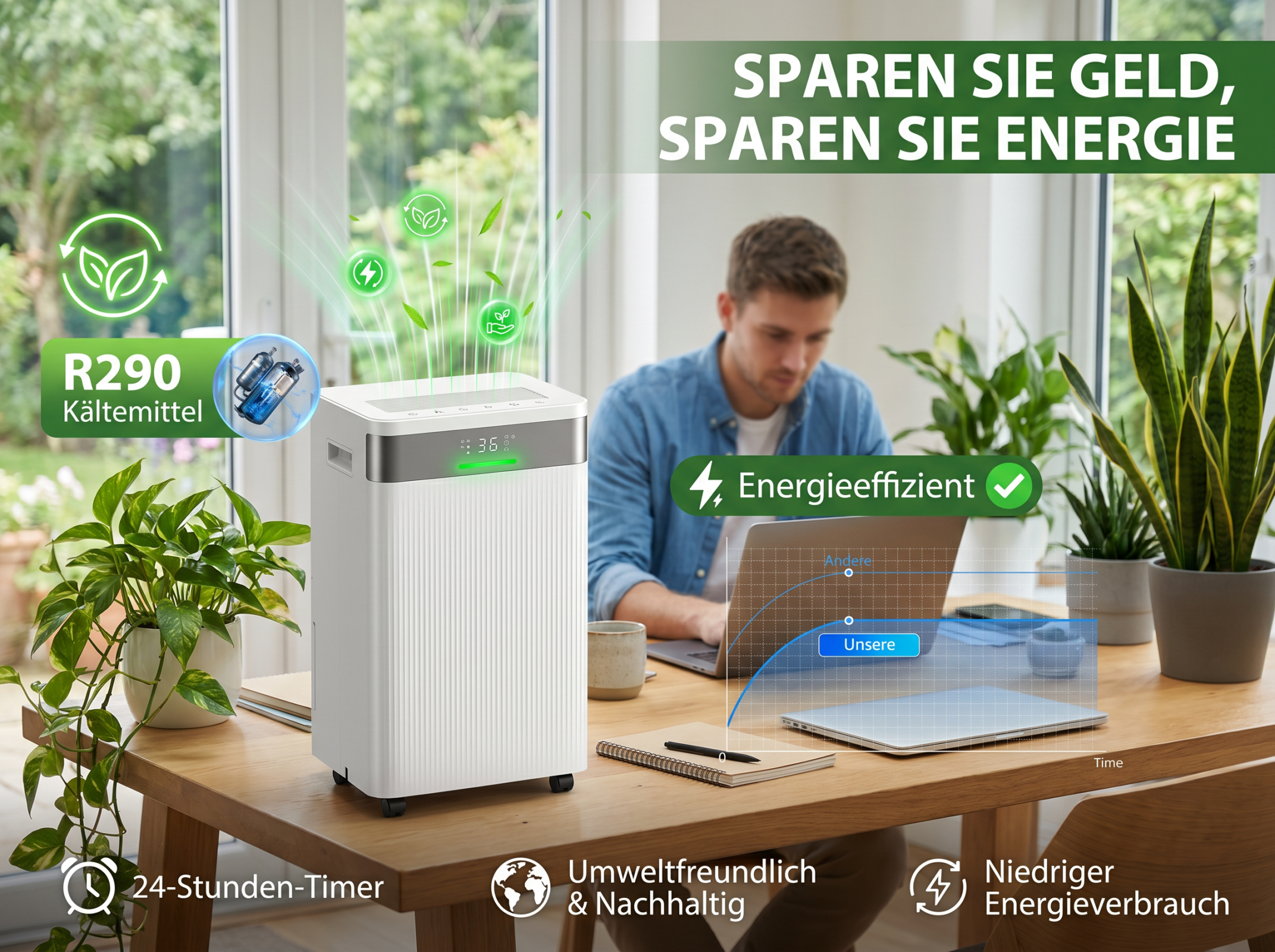 Ein Mann arbeitet am Laptop. Ein Luftreiniger steht auf einem Tisch. R290 Kältemittel.