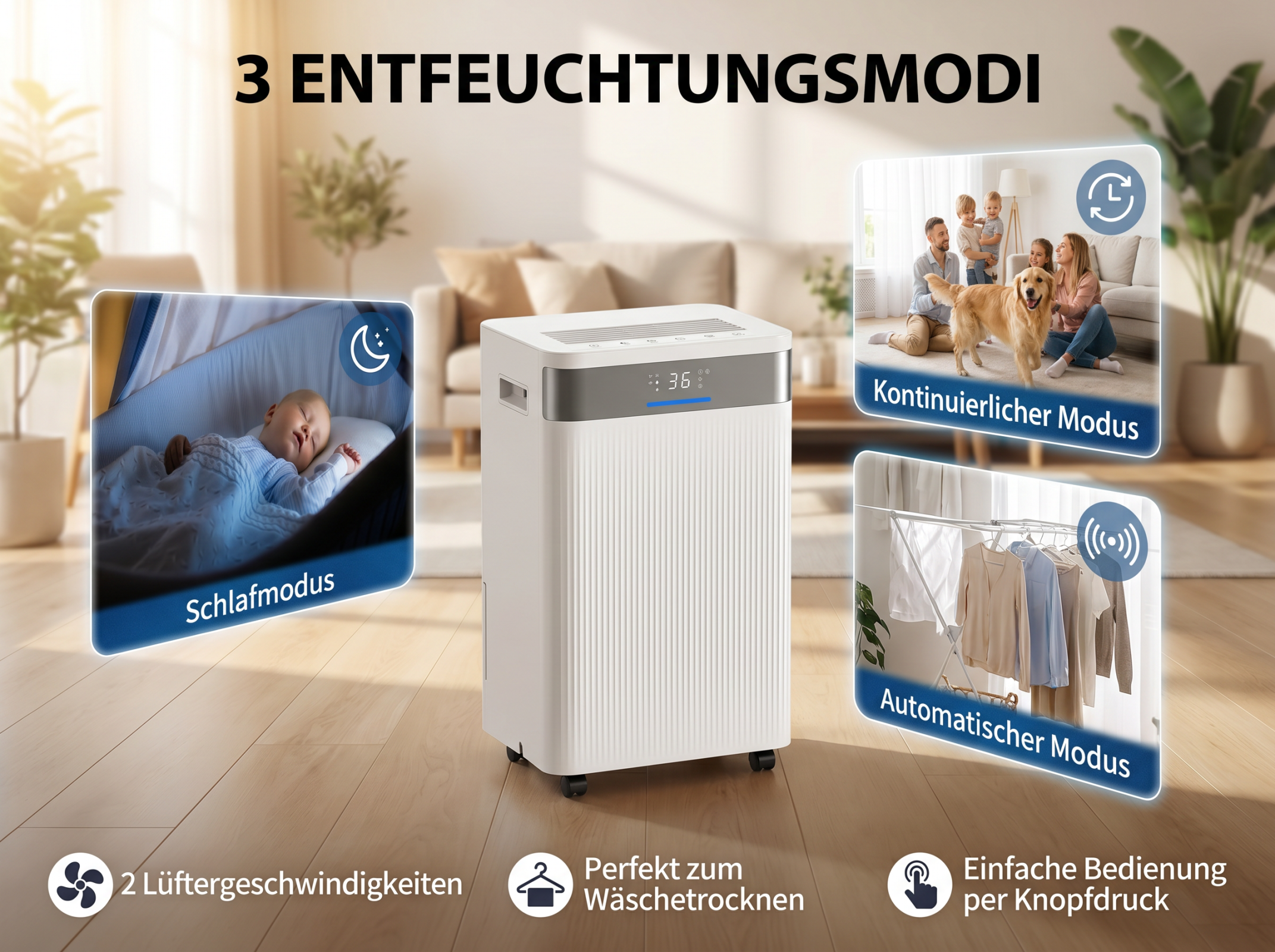 Ein weißer Luftentfeuchter mit drei Modi: Schlaf, Kontinuierlich, Automatisch.