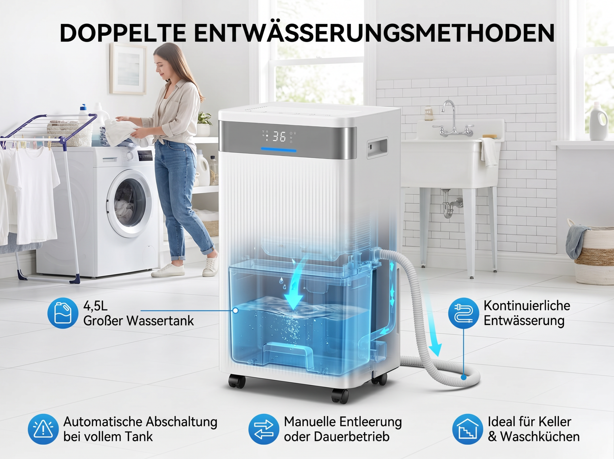 Ein weißer Luftentfeuchter mit einem sichtbaren Wassertank steht in einem Waschraum neben einer Waschmaschine.