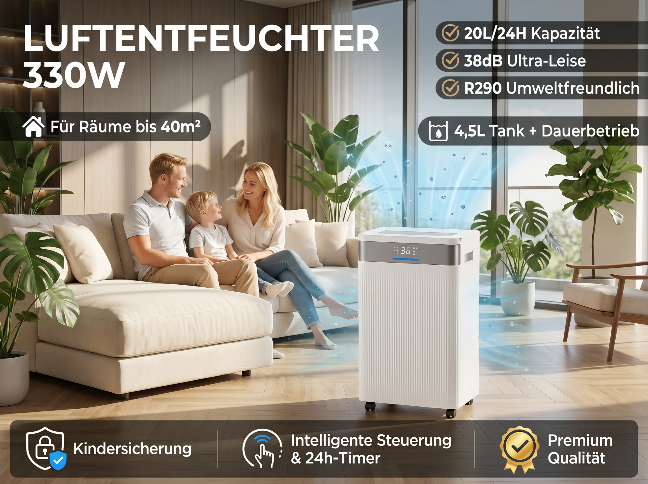 Familie im Wohnzimmer mit Luftbefeuchter: 330W, 40m², 20L, 38dB, 4.5L Tank.