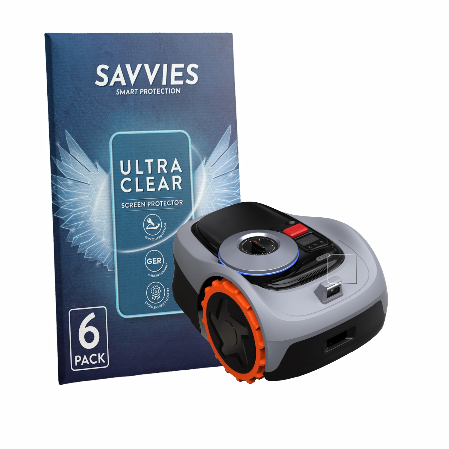 Ein Mähroboter und eine Packung Displayschutzfolien von Savvies.
