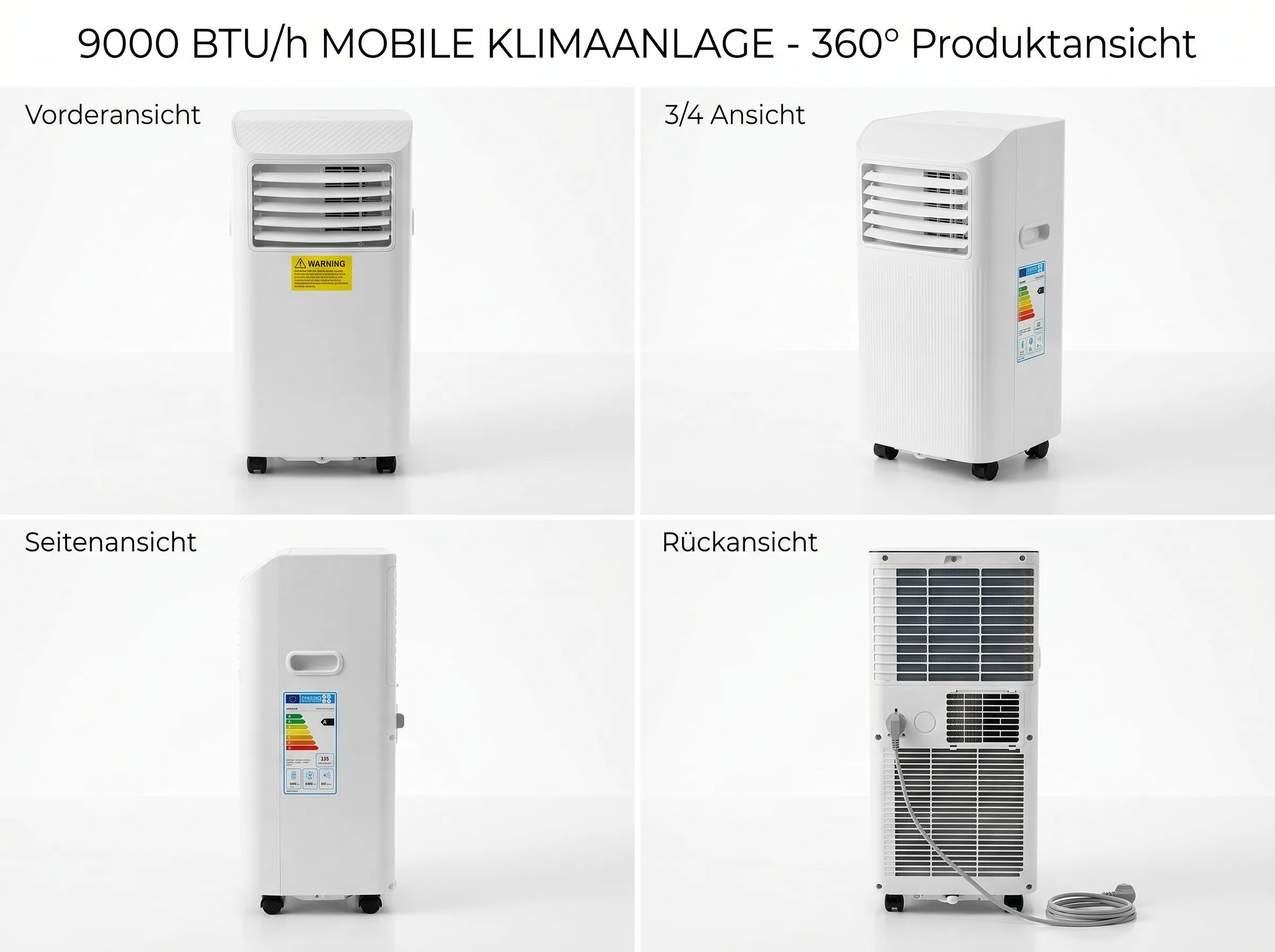 Vier Ansichten eines weißen mobilen Klimageräts auf Rollen.