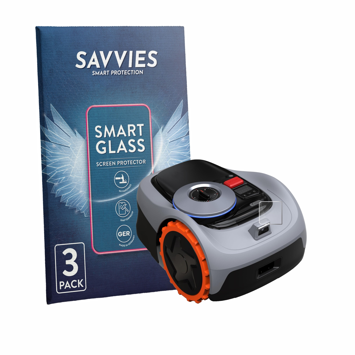Ein Savvies Smart Glass Schutzpaket mit einem Mähroboter.