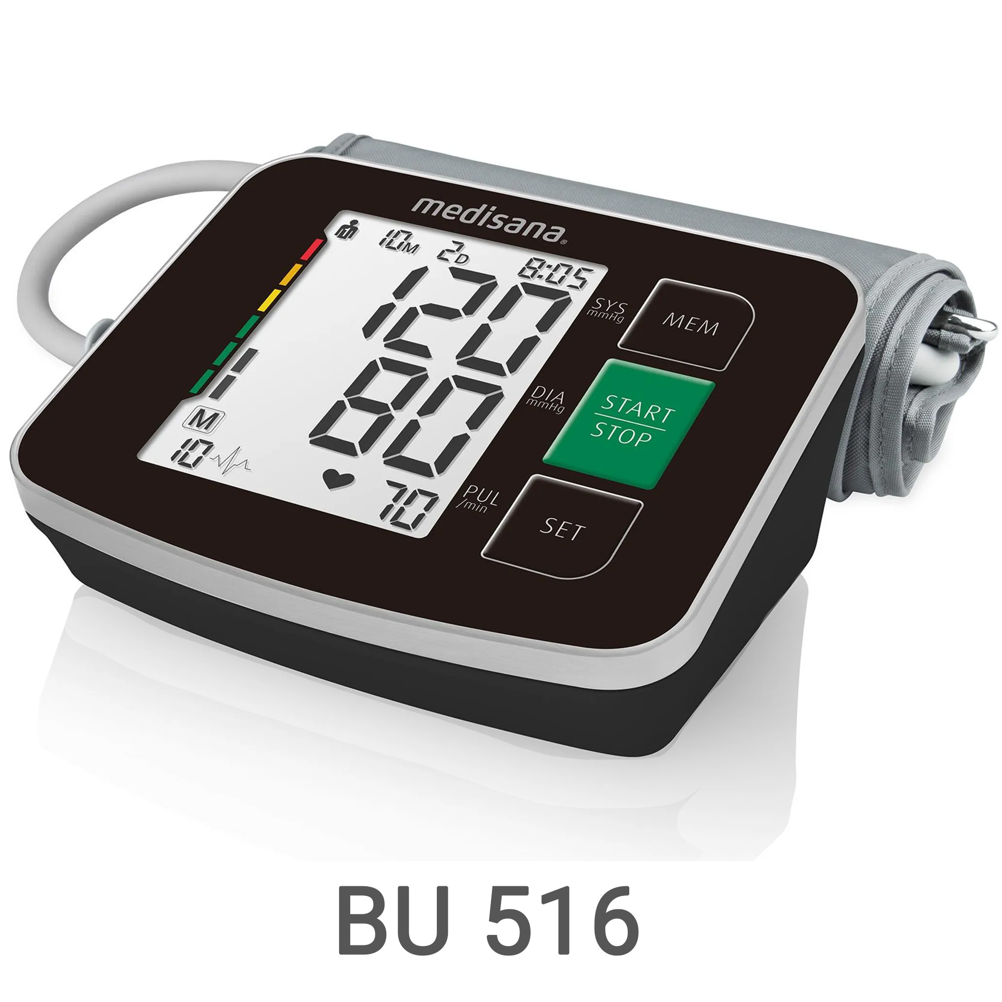 Medisana BU 516 Blutdruckmessgerät mit Manschette, Display zeigt 120/80 mmHg und 70 Schläge/min.