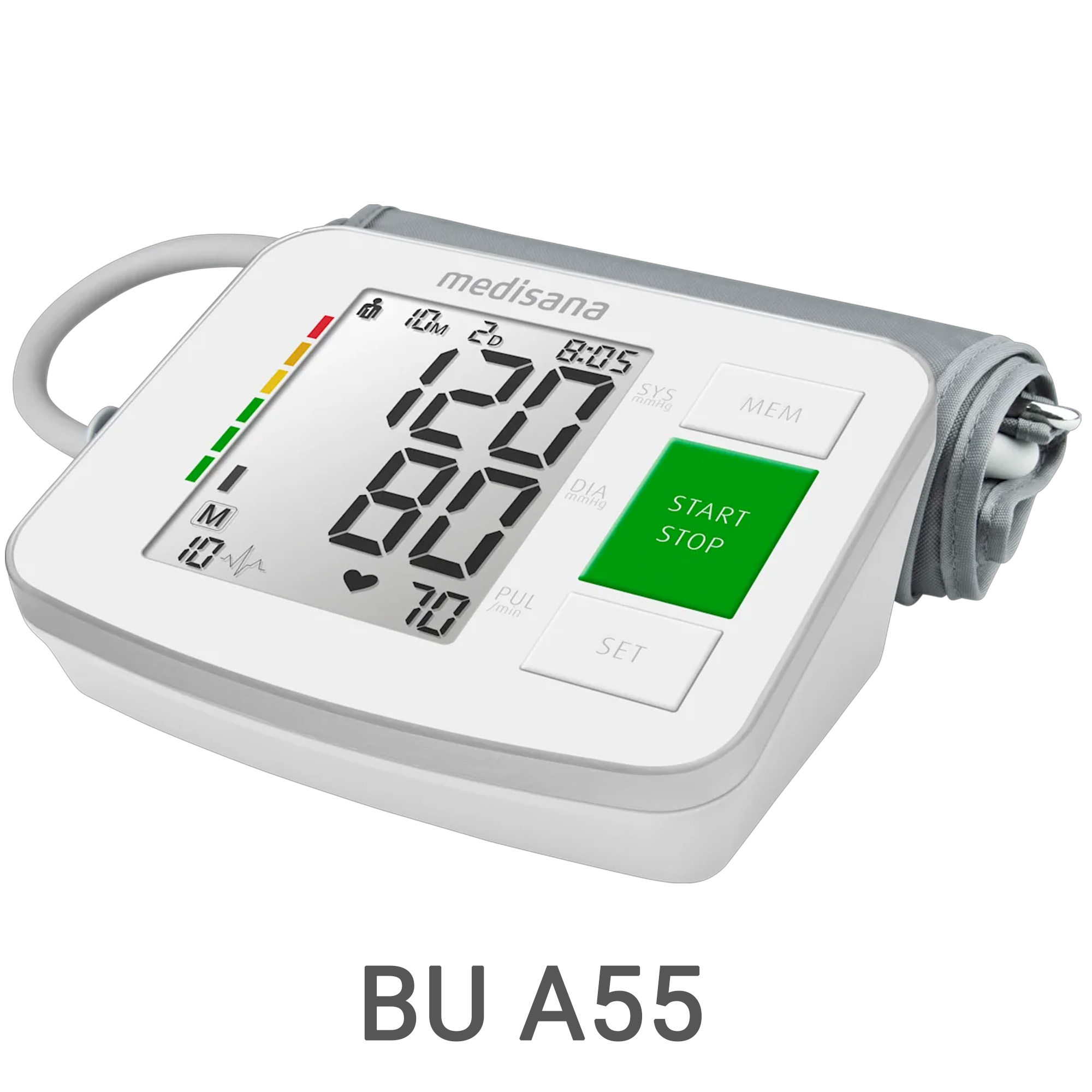 Ein weißes medisana Blutdruckmessgerät mit Manschette und digitaler Anzeige von 120/70 mmHg.