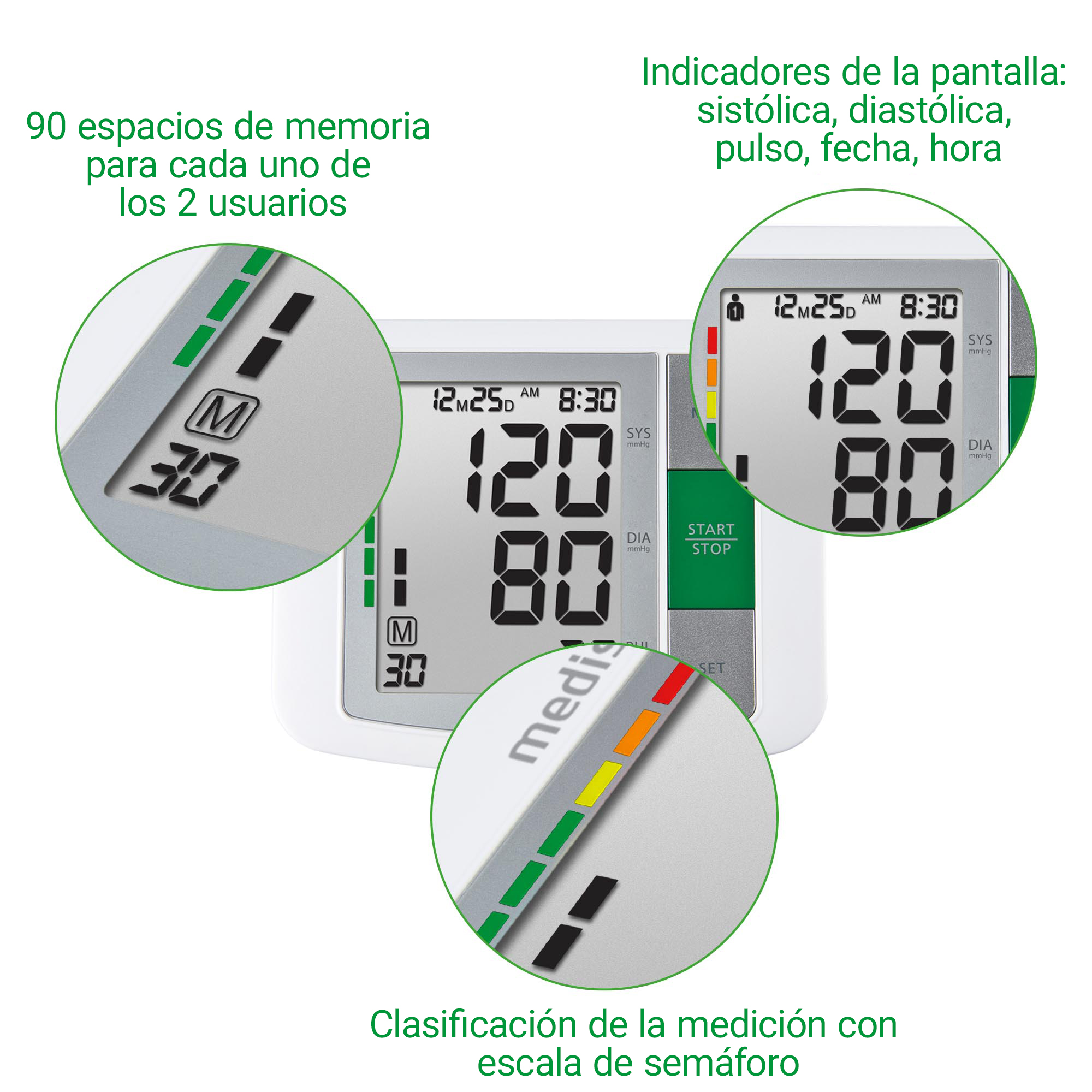 Ein Blutdruckmessgerät mit digitaler Anzeige zeigt 120/80 mmHg an.