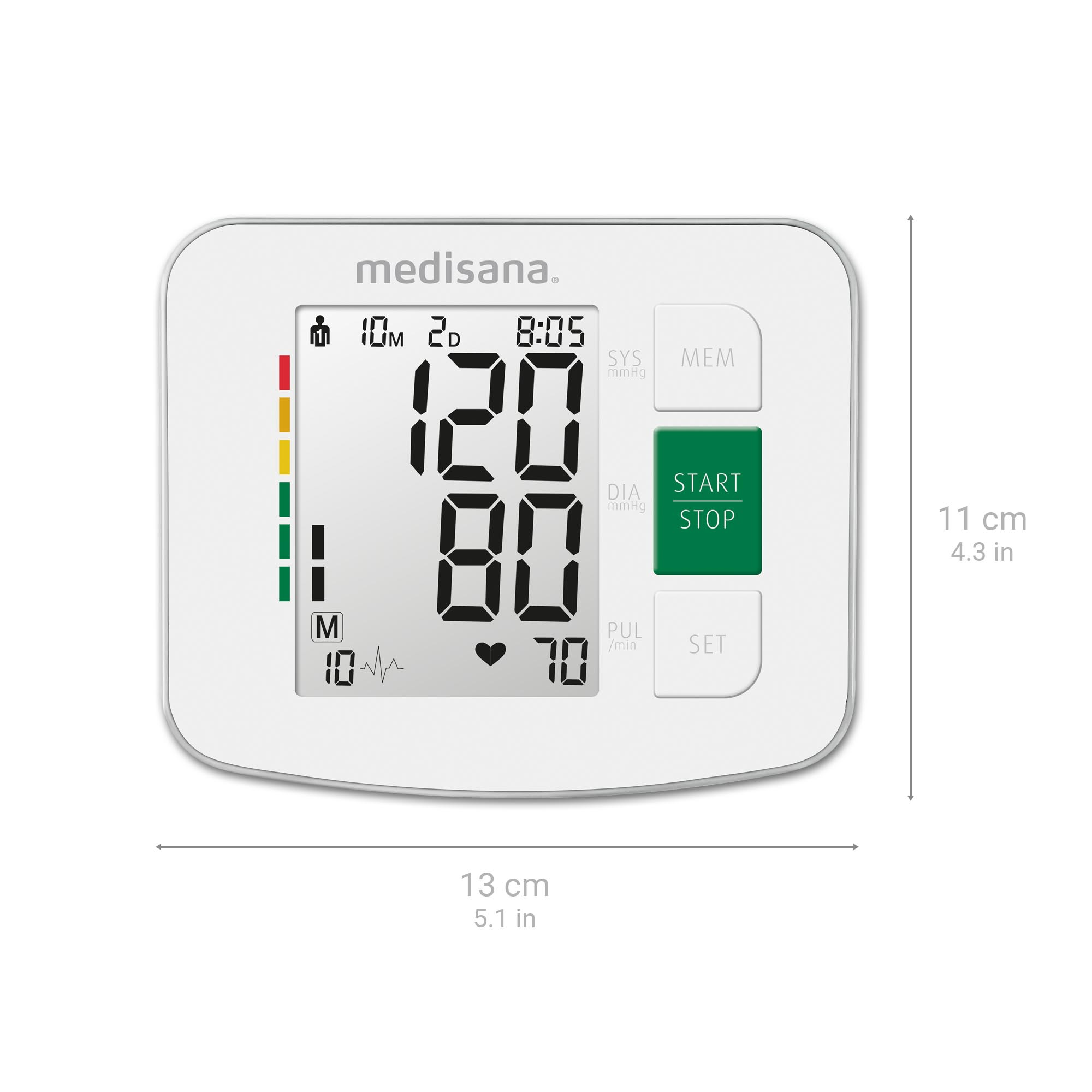 Biały ciśnieniomierz Medisana pokazuje 120/80 mmHg i 70 uderzeń/min.