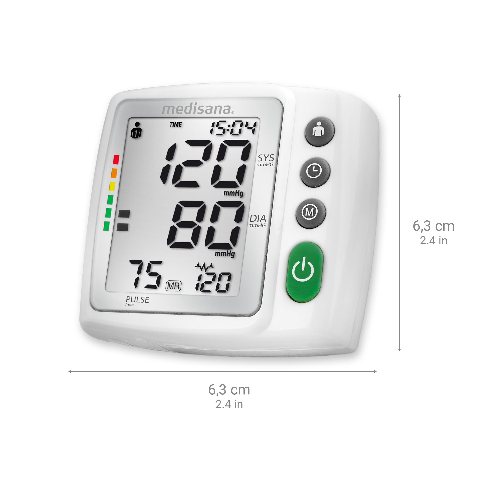 Un tensiómetro medisana blanco con pantalla digital.