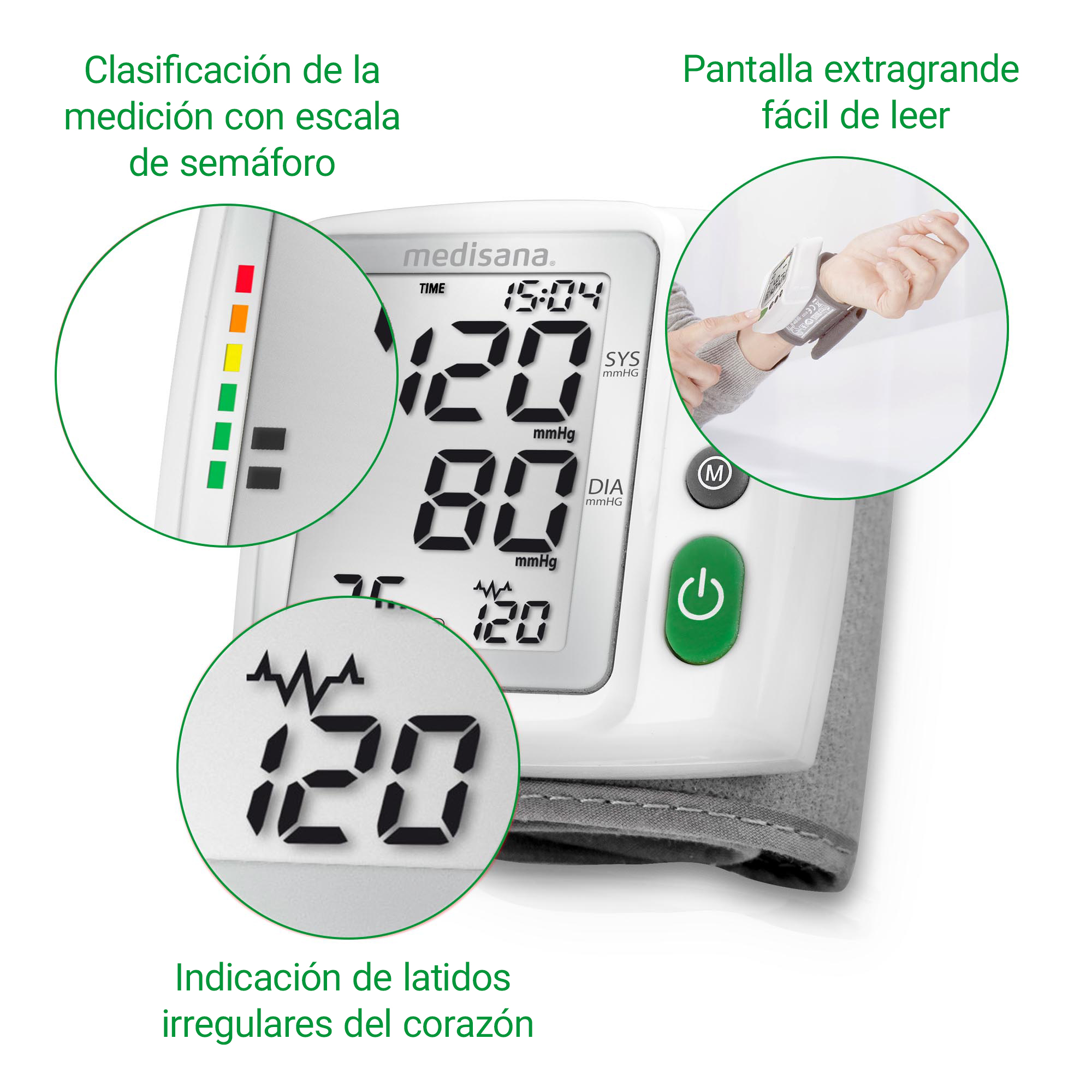 Un tensiómetro blanco con pantalla digital y manguito en el brazo.