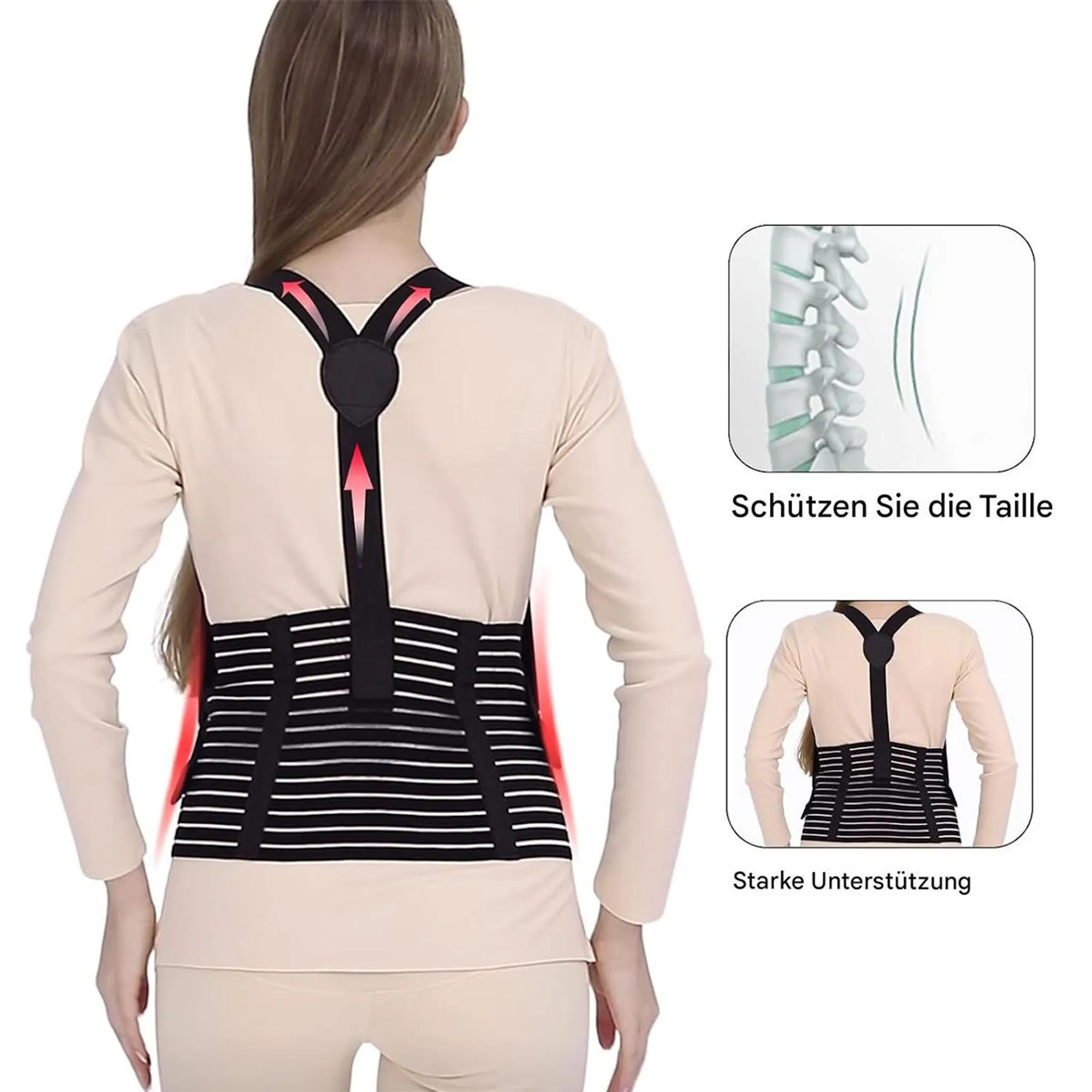 Frau in beige Hemd trägt schwarzen Rückenstützgürtel mit Trägern. Wirbelsäulendiagramm.