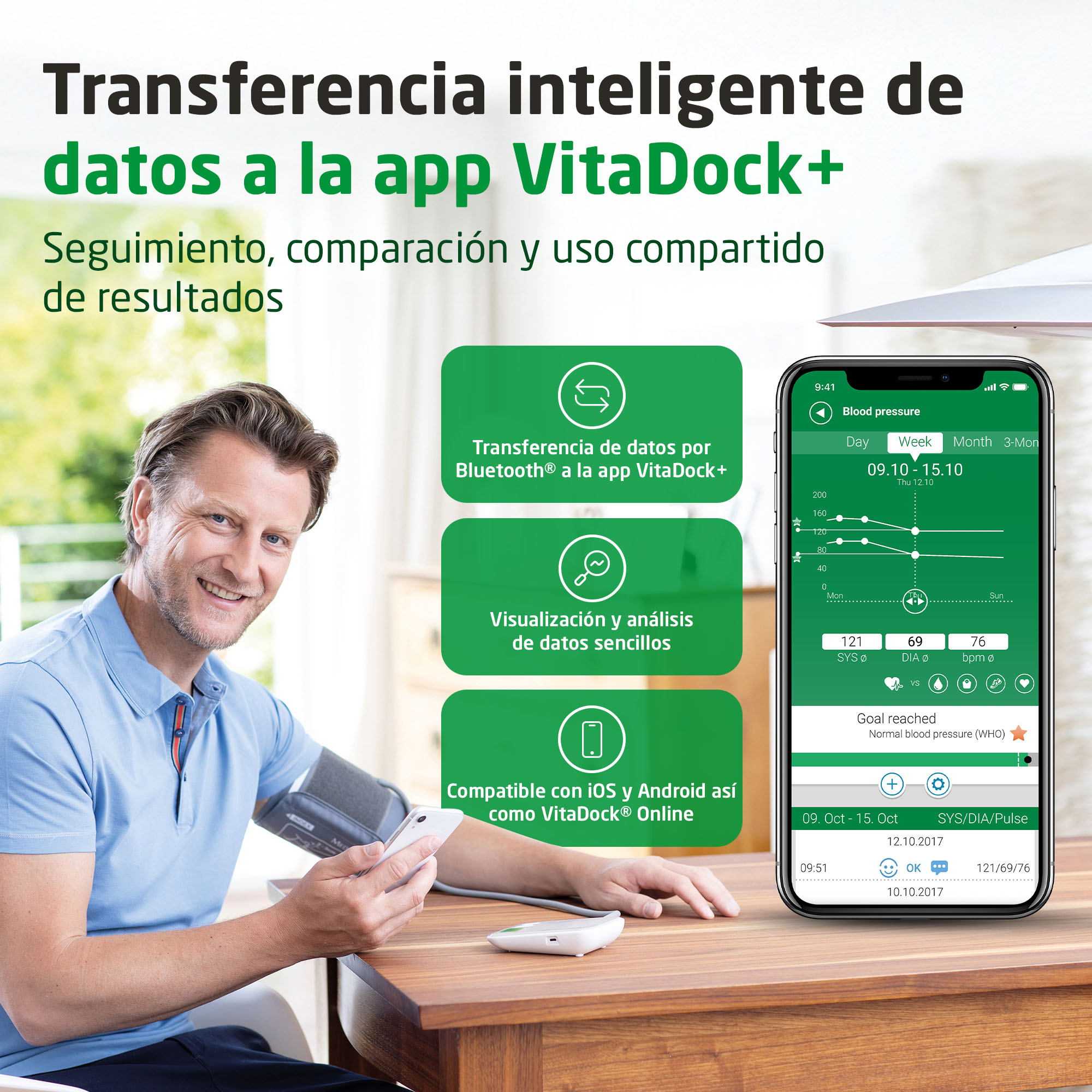 Mann mit Blutdruckmessgerät und Smartphone, das die VitaDock+ App zeigt.