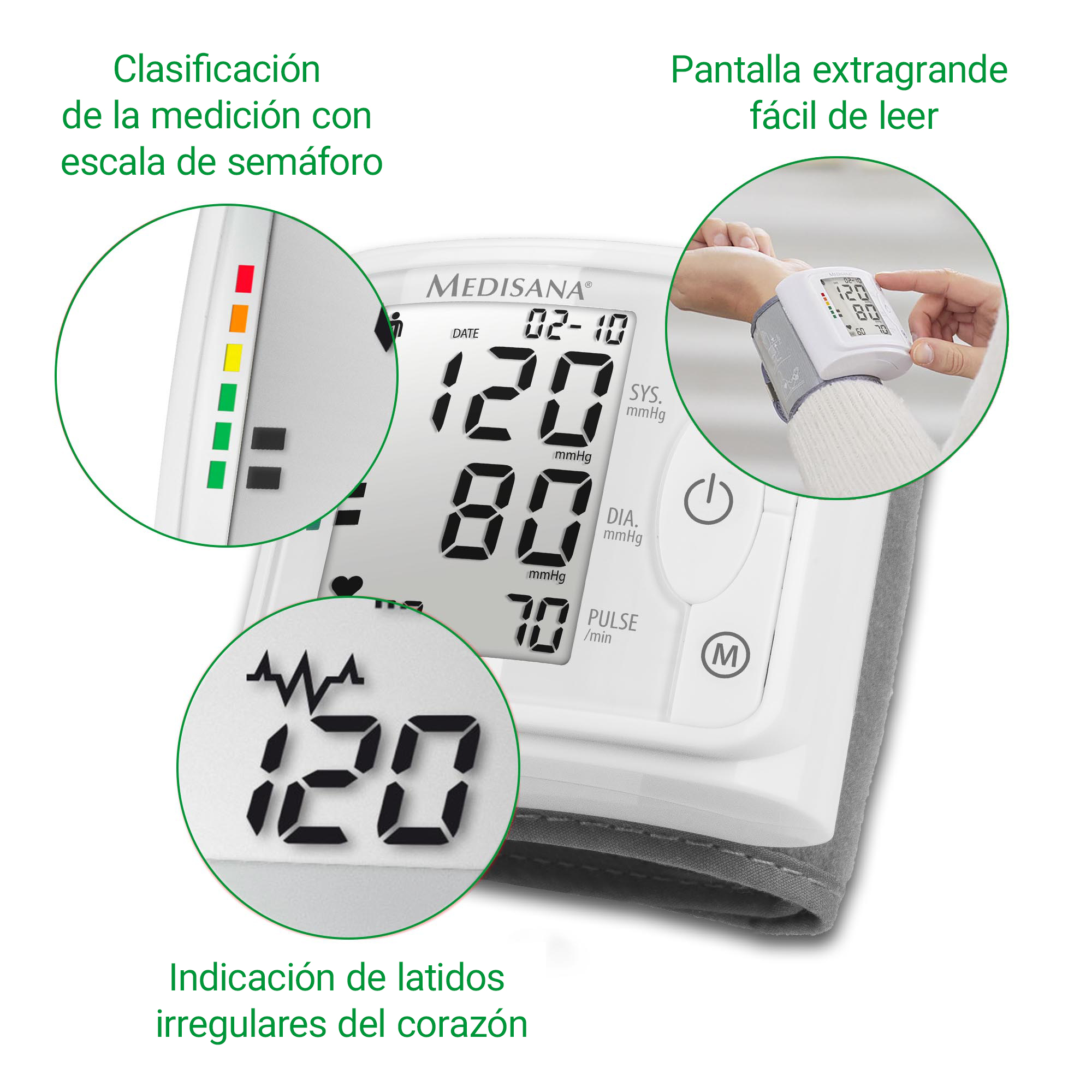 Un tensiómetro Medisana muestra lecturas: 120/80 mmHg, pulso 70.